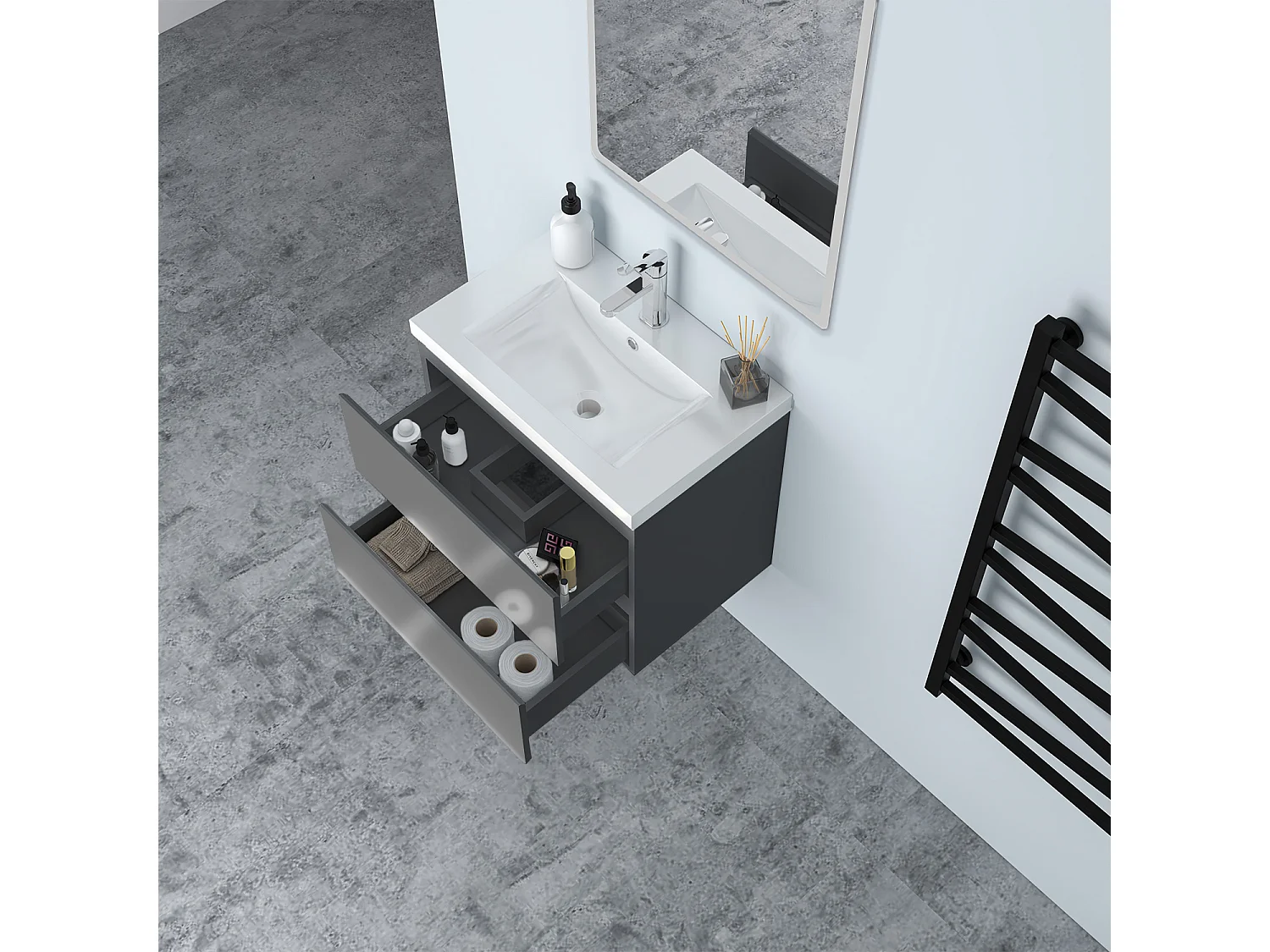 AICA Waschbeckenunterschrank hängend 60cm Dickes Keramik Waschtisch mit Unterschrank - Hochglanz Dunkelgrau - CINIC