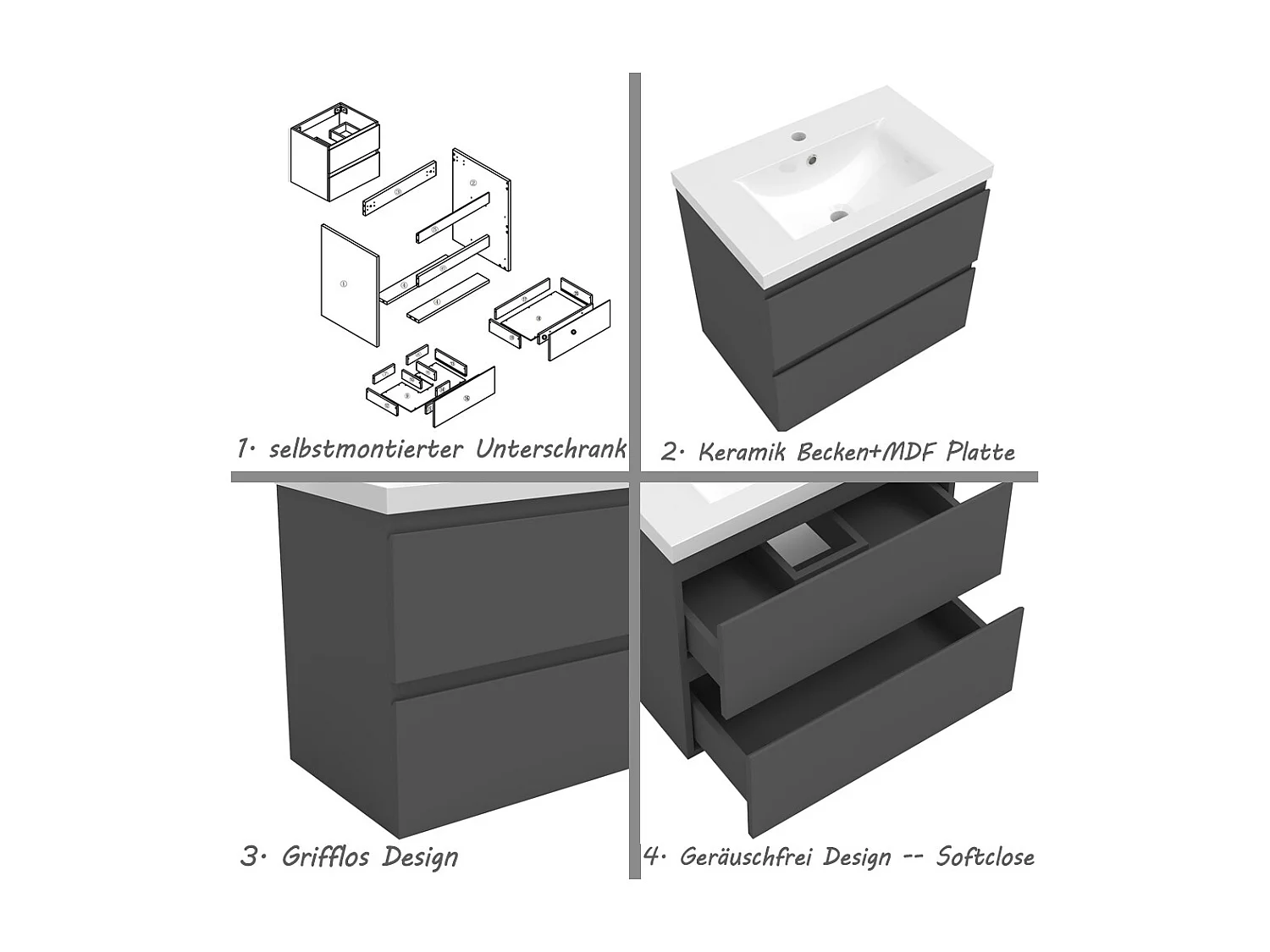 AICA Waschbeckenunterschrank hängend 60cm Dickes Keramik Waschtisch mit Unterschrank - Hochglanz Dunkelgrau - CINIC