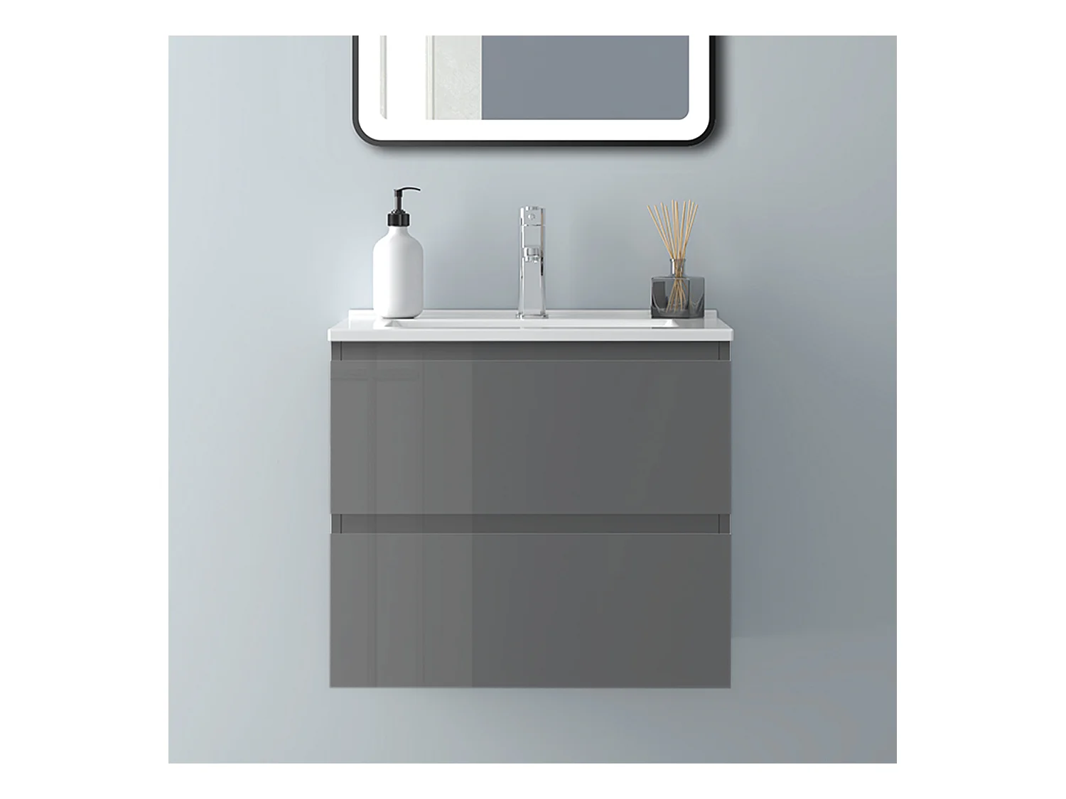 AICA Waschbeckenunterschrank hängend 60cm Dünn Keramik Waschtisch mit Unterschrank - Hochglanz Dunkelgrau - CINIC