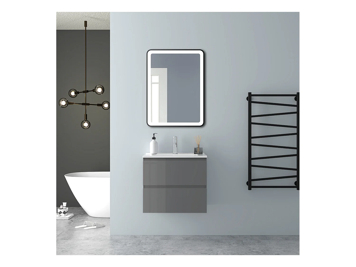 AICA Waschbeckenunterschrank hängend 60cm Dünn Keramik Waschtisch mit Unterschrank - Hochglanz Dunkelgrau - CINIC