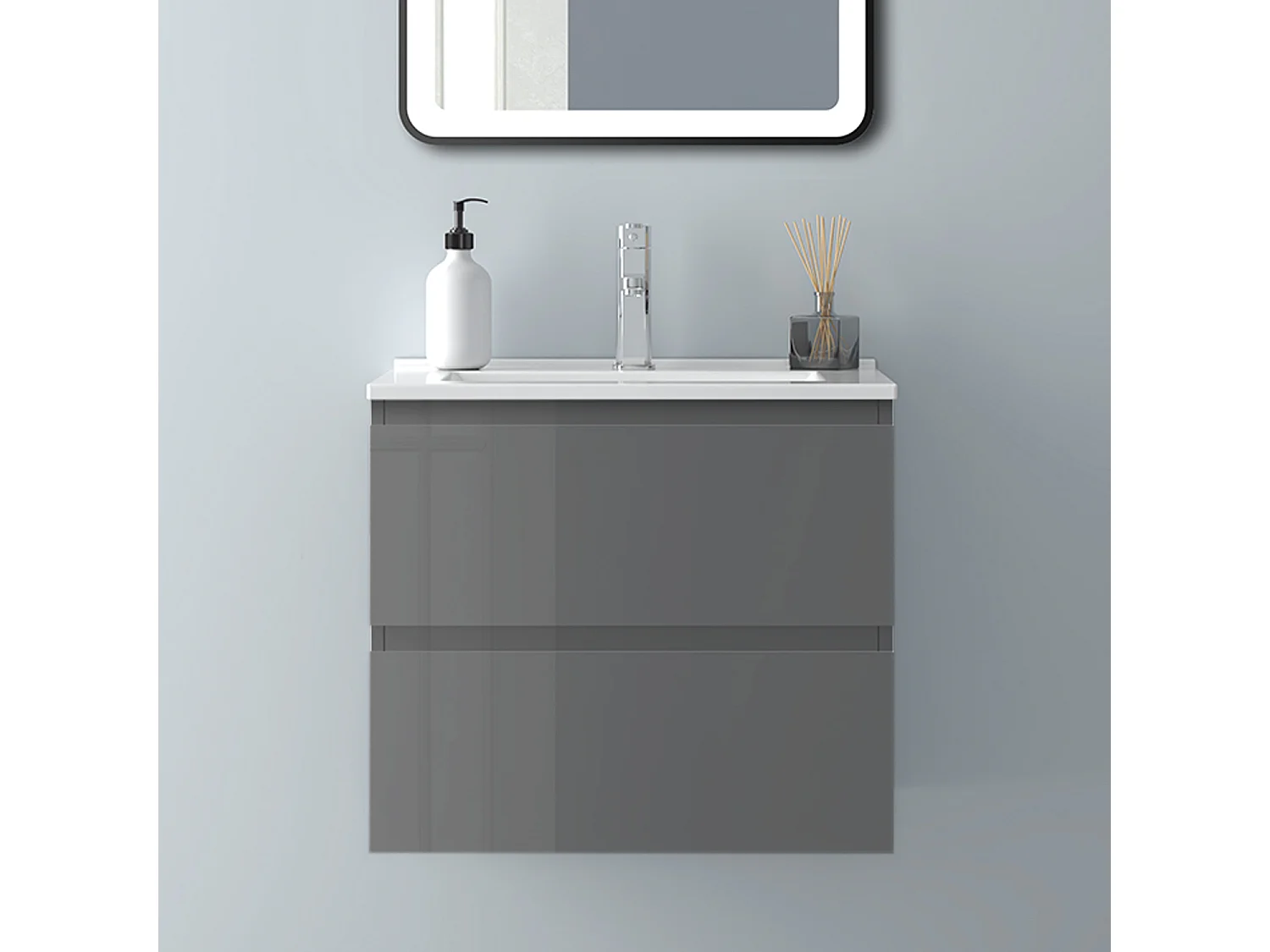 AICA Waschbeckenunterschrank hängend 60cm Dünn Keramik Waschtisch mit Unterschrank - Hochglanz Dunkelgrau - CINIC