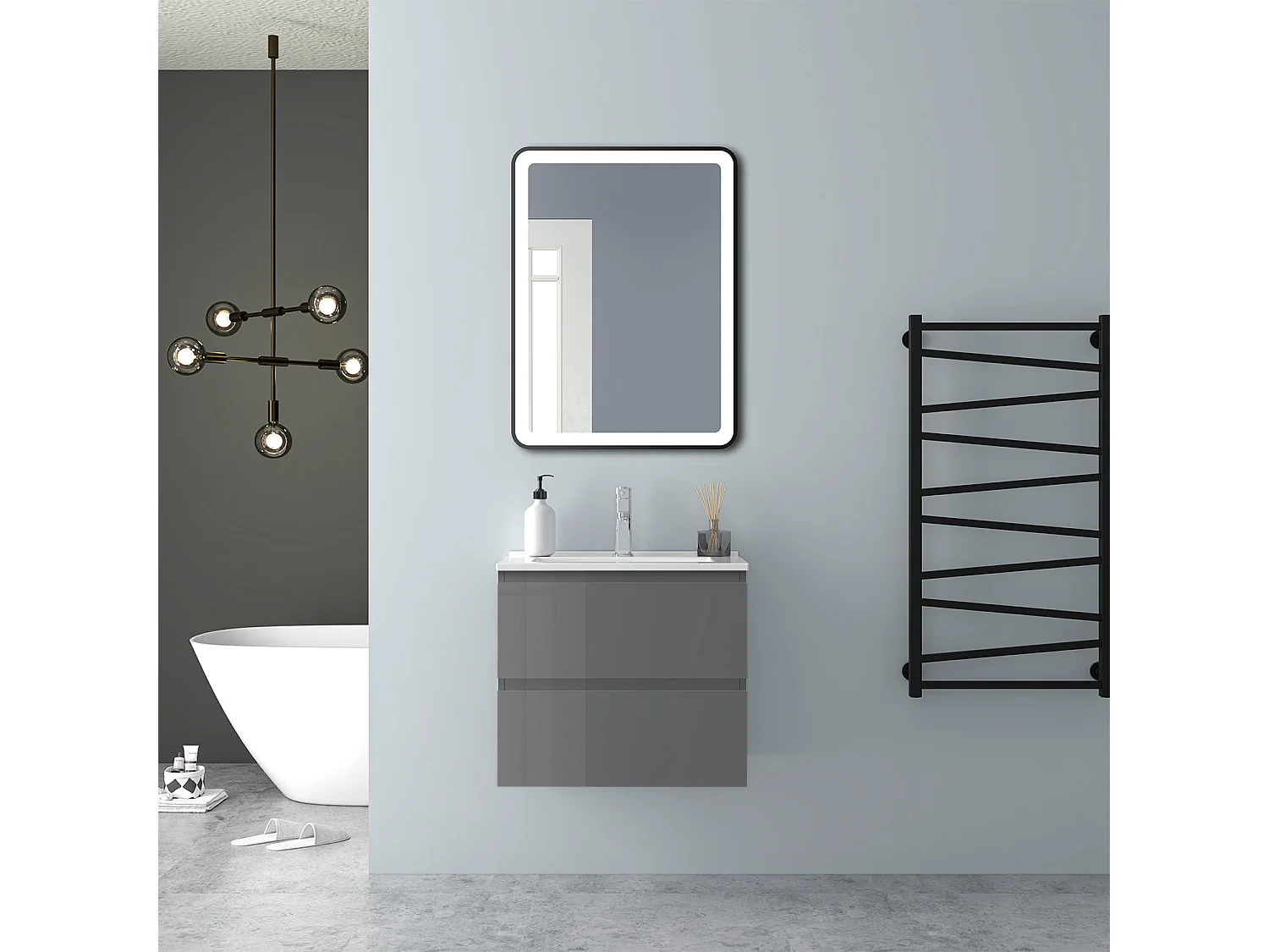 AICA Waschbeckenunterschrank hängend 60cm Dünn Keramik Waschtisch mit Unterschrank - Hochglanz Dunkelgrau - CINIC