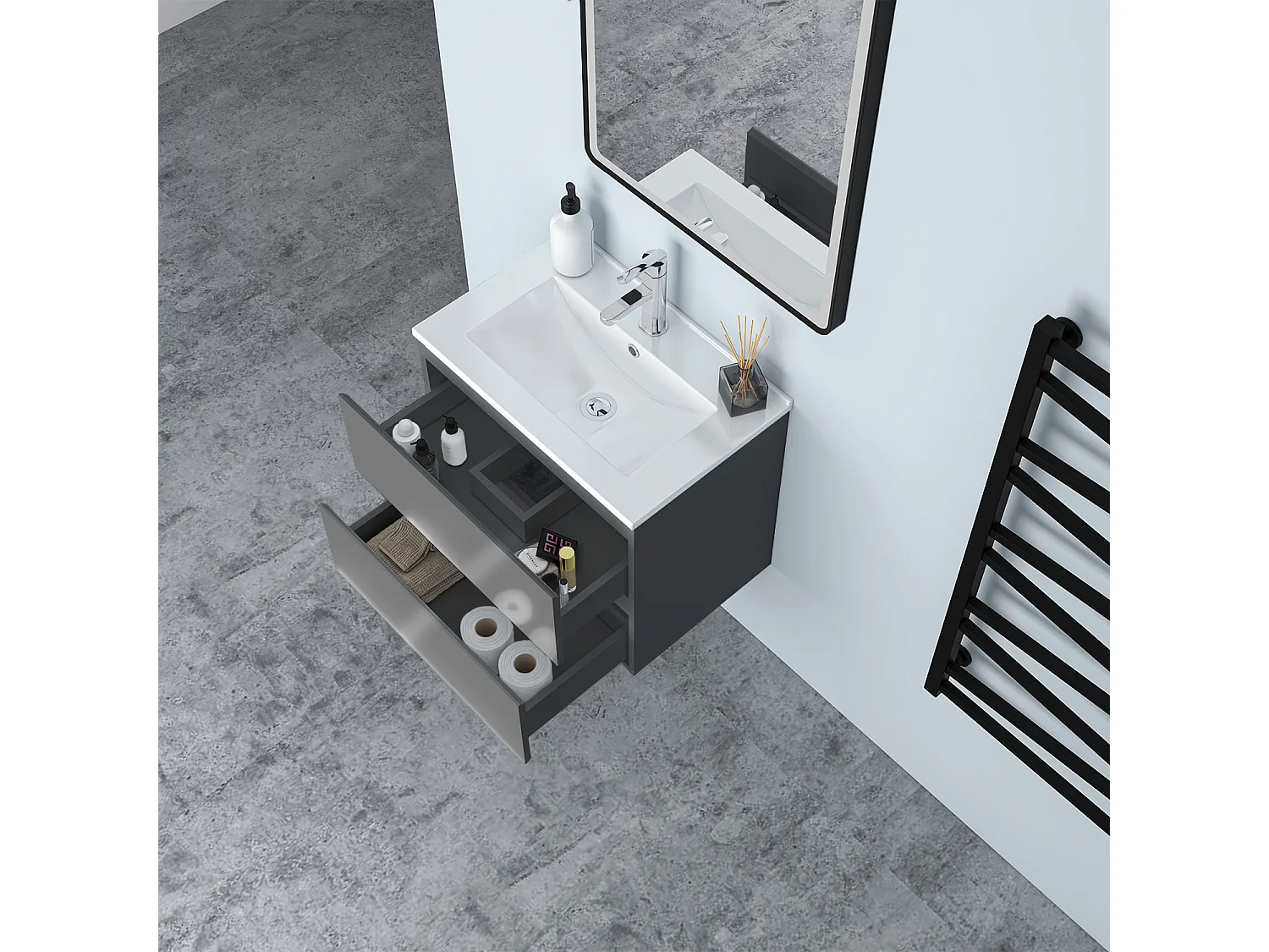 AICA Waschbeckenunterschrank hängend 60cm Dünn Keramik Waschtisch mit Unterschrank - Hochglanz Dunkelgrau - CINIC