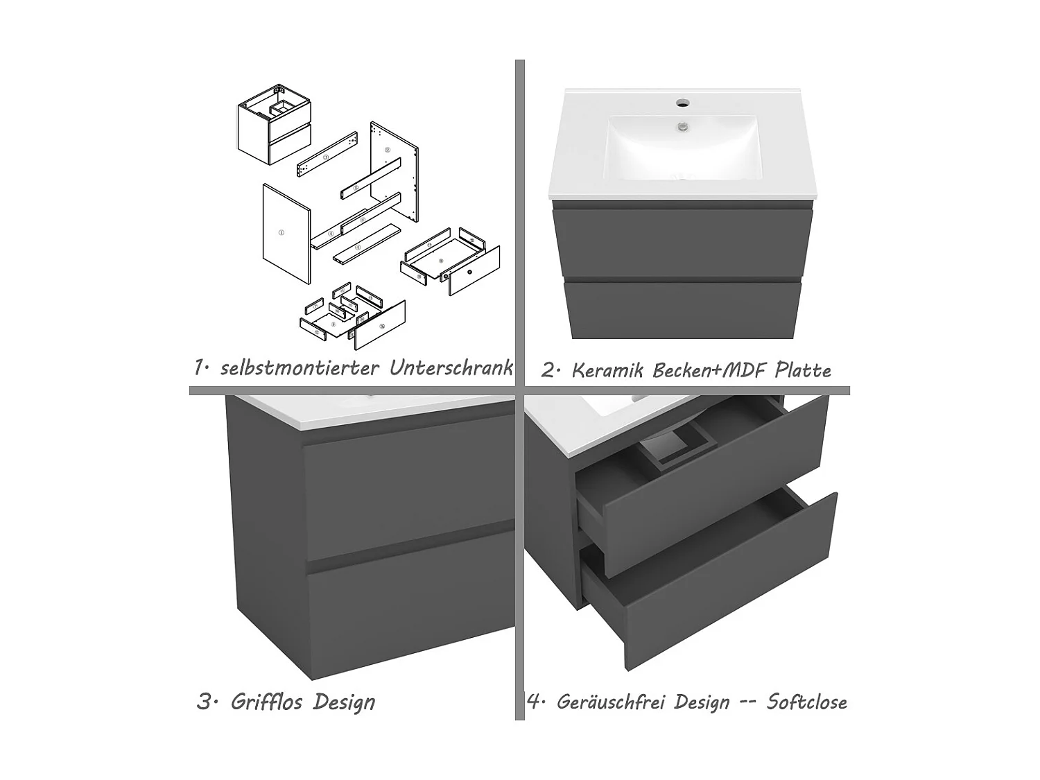 AICA Waschbeckenunterschrank hängend 60cm Dünn Keramik Waschtisch mit Unterschrank - Hochglanz Dunkelgrau - CINIC