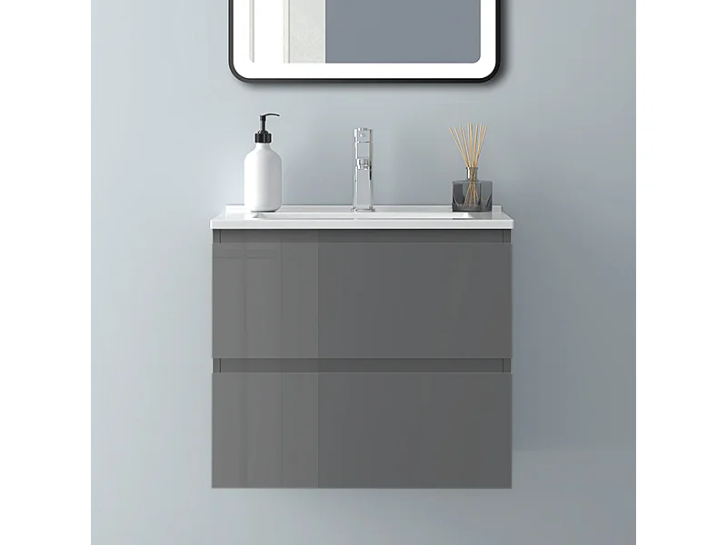 AICA Waschbeckenunterschrank hängend 60cm Dünn Keramik Waschtisch mit Unterschrank - Hochglanz Dunkelgrau - CINIC