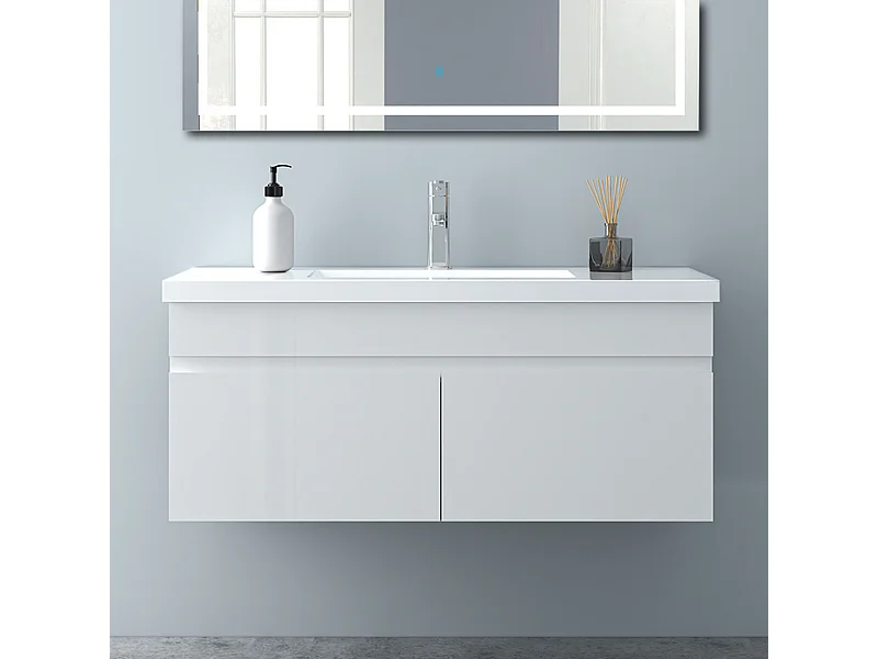 AICA Badezimmerschränke 100cm Mineralguss Waschtisch mit Unterschrank - Hochglanz Weiß Hängeschrank - MARO