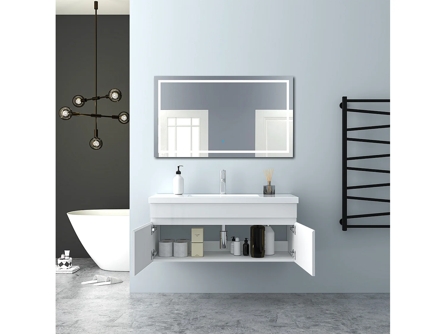 AICA Badezimmerschränke 100cm Mineralguss Waschtisch mit Unterschrank - Hochglanz Weiß Hängeschrank - MARO