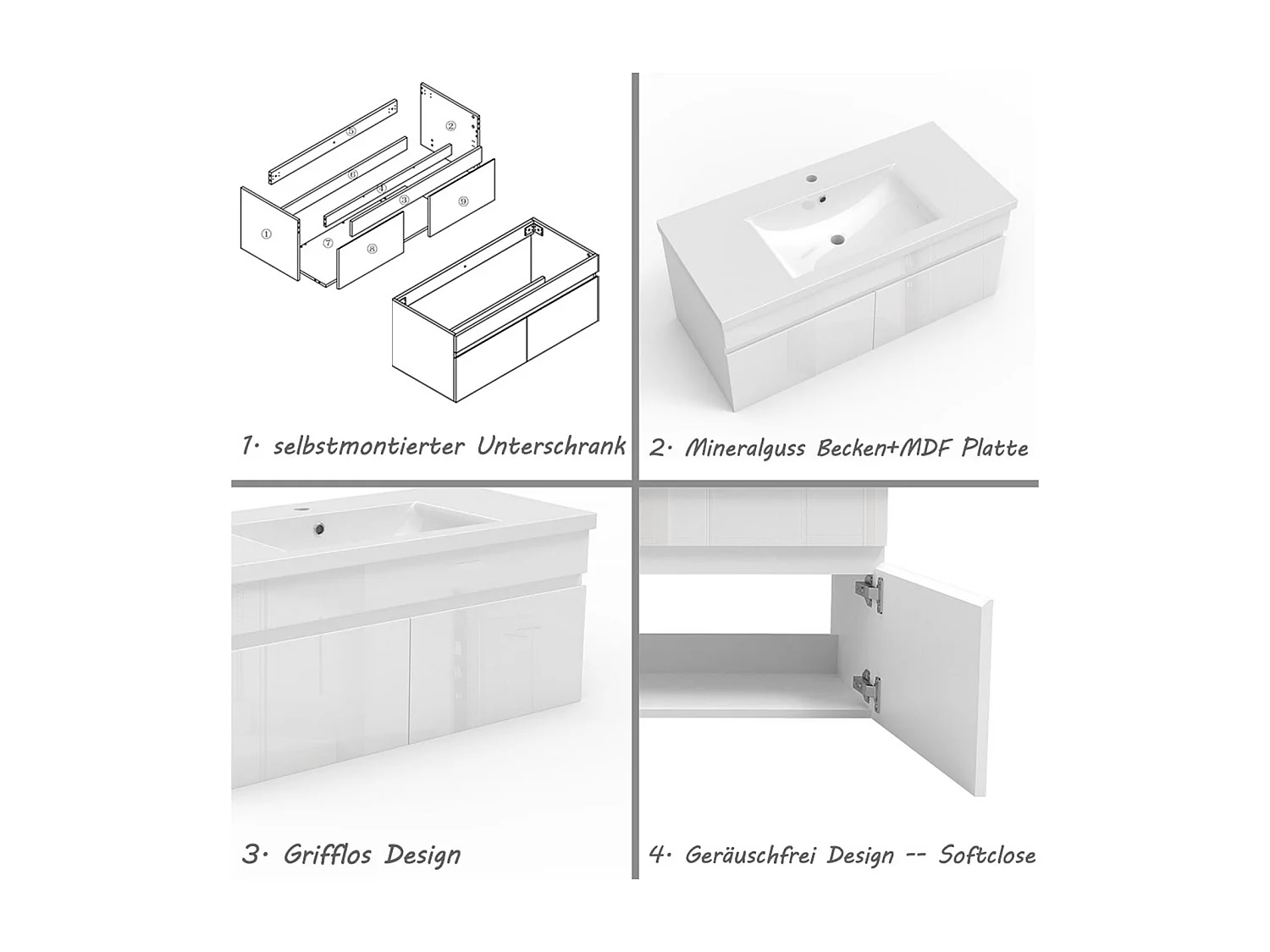 AICA Badezimmerschränke 100cm Mineralguss Waschtisch mit Unterschrank - Hochglanz Weiß Hängeschrank - MARO