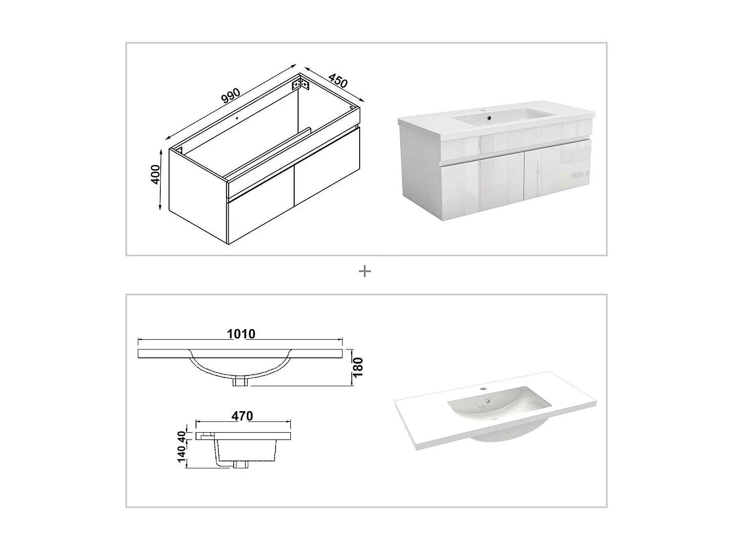 AICA Badezimmerschränke 100cm Mineralguss Waschtisch mit Unterschrank - Hochglanz Weiß Hängeschrank - MARO