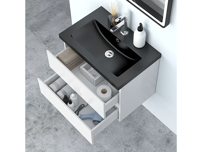 AICA Waschbeckenunterschrank 60cm Schwarz Mineralguss Waschtisch mit Unterschrank - Hochglanz Weiß Hängeschrank - CINIC