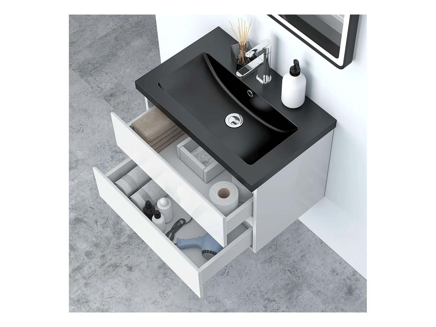 AICA Waschbeckenunterschrank 60cm Schwarz Mineralguss Waschtisch mit Unterschrank - Hochglanz Weiß Hängeschrank - CINIC