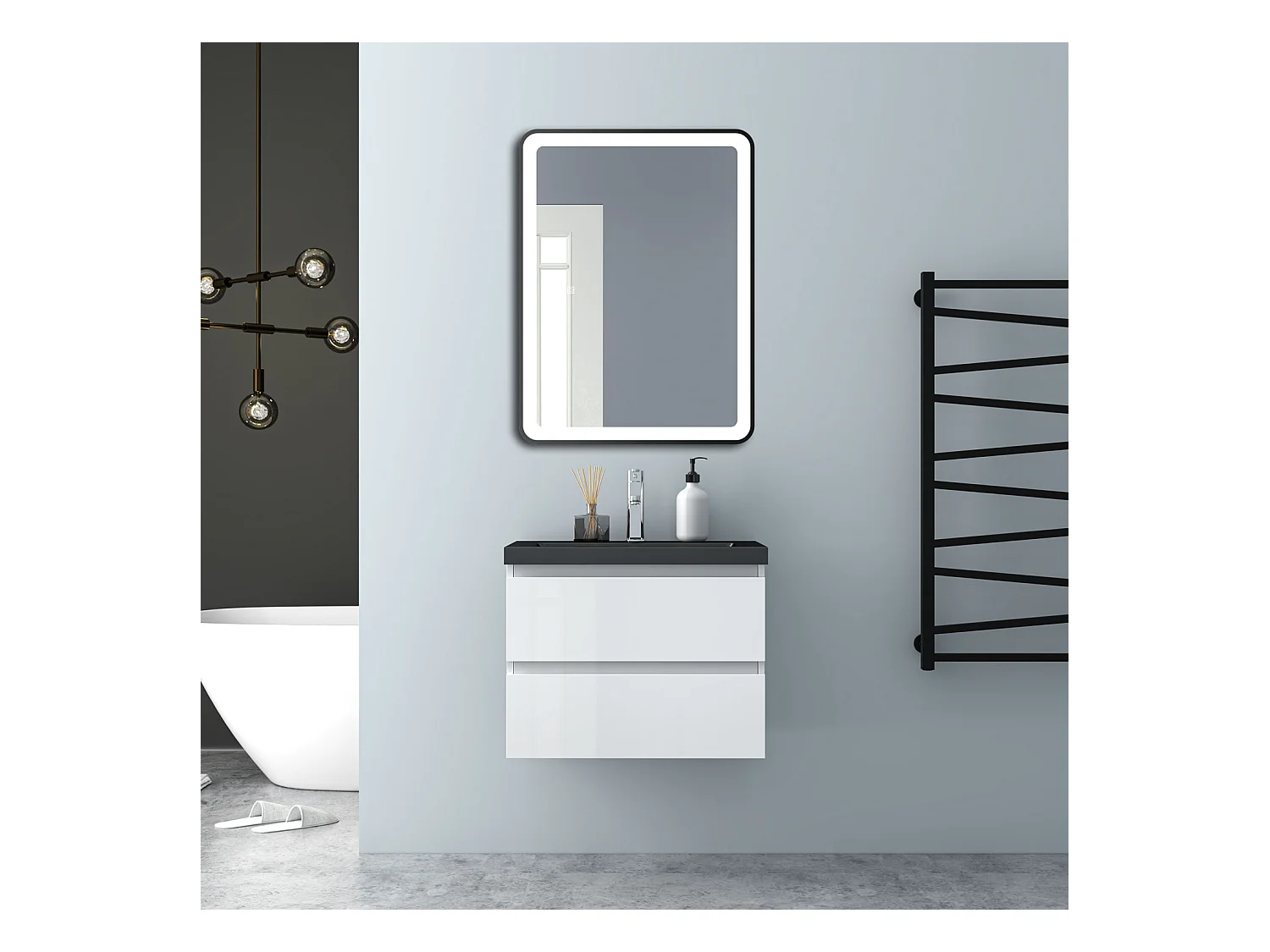 AICA Waschbeckenunterschrank 60cm Schwarz Mineralguss Waschtisch mit Unterschrank - Hochglanz Weiß Hängeschrank - CINIC