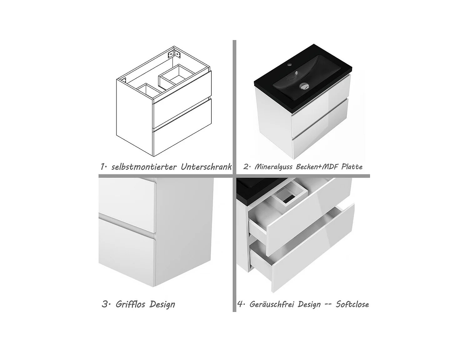 AICA Waschbeckenunterschrank 60cm Schwarz Mineralguss Waschtisch mit Unterschrank - Hochglanz Weiß Hängeschrank - CINIC