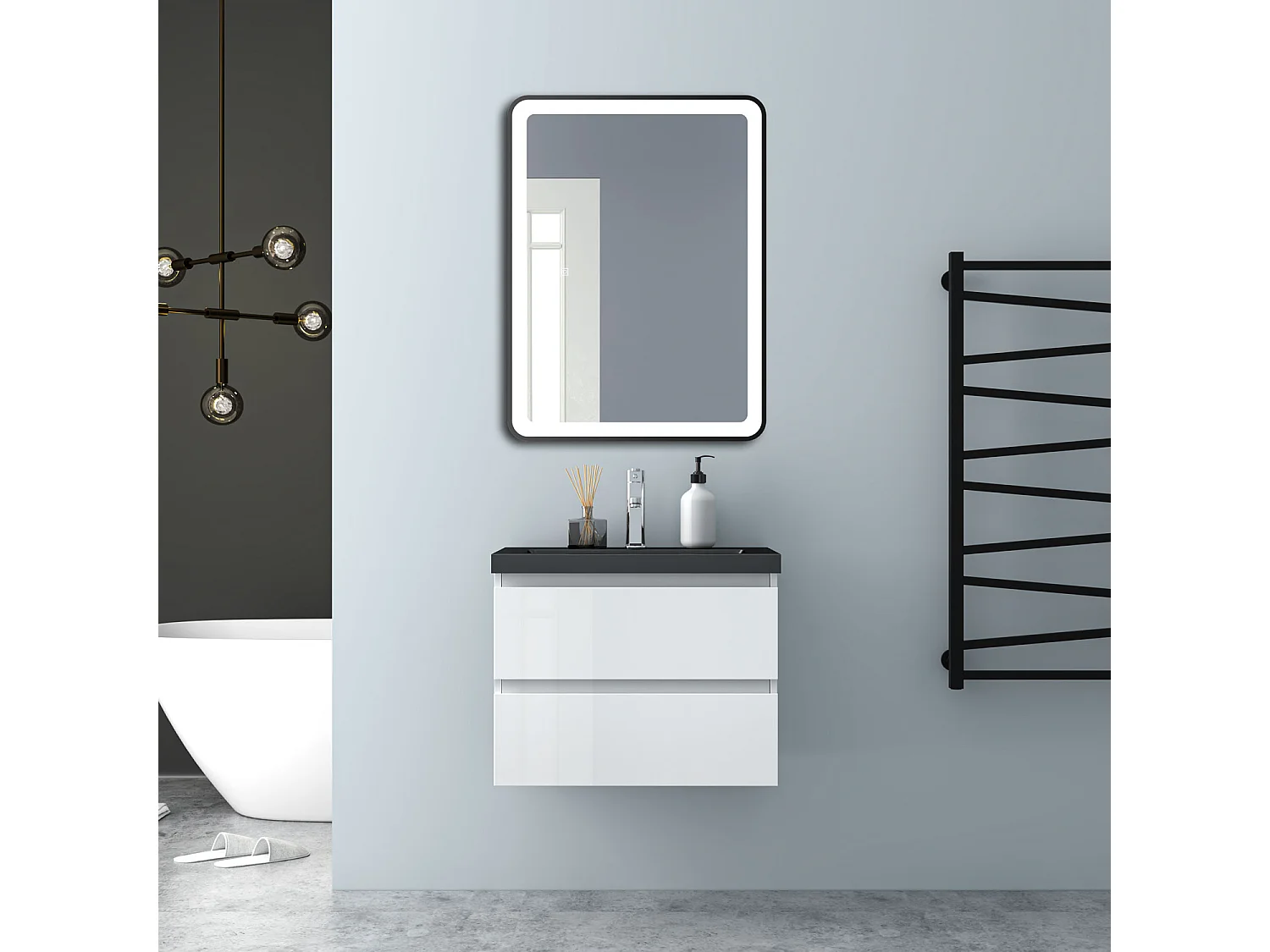 AICA Waschbeckenunterschrank 60cm Schwarz Mineralguss Waschtisch mit Unterschrank - Hochglanz Weiß Hängeschrank - CINIC