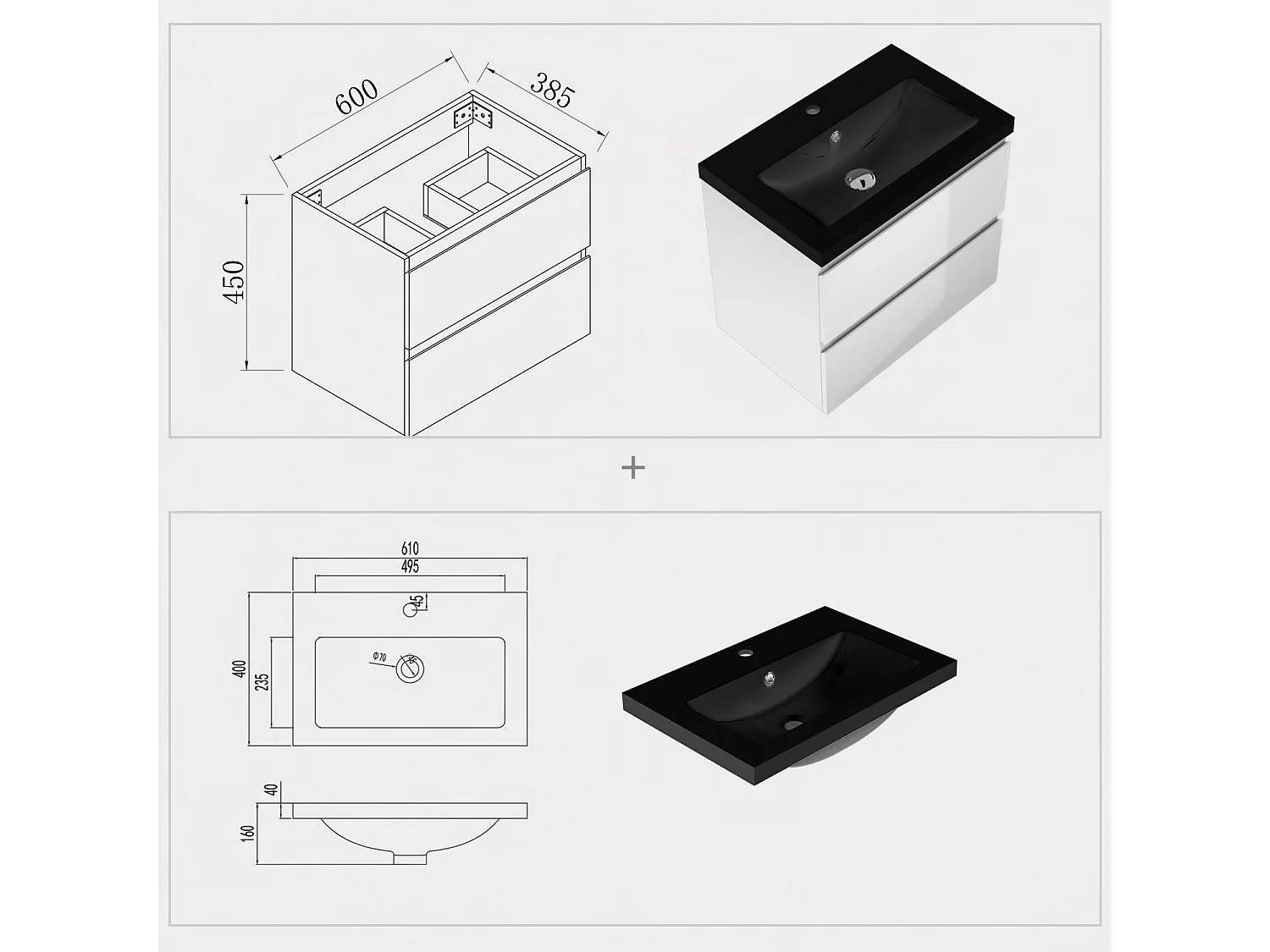 AICA Waschbeckenunterschrank 60cm Schwarz Mineralguss Waschtisch mit Unterschrank - Hochglanz Weiß Hängeschrank - CINIC
