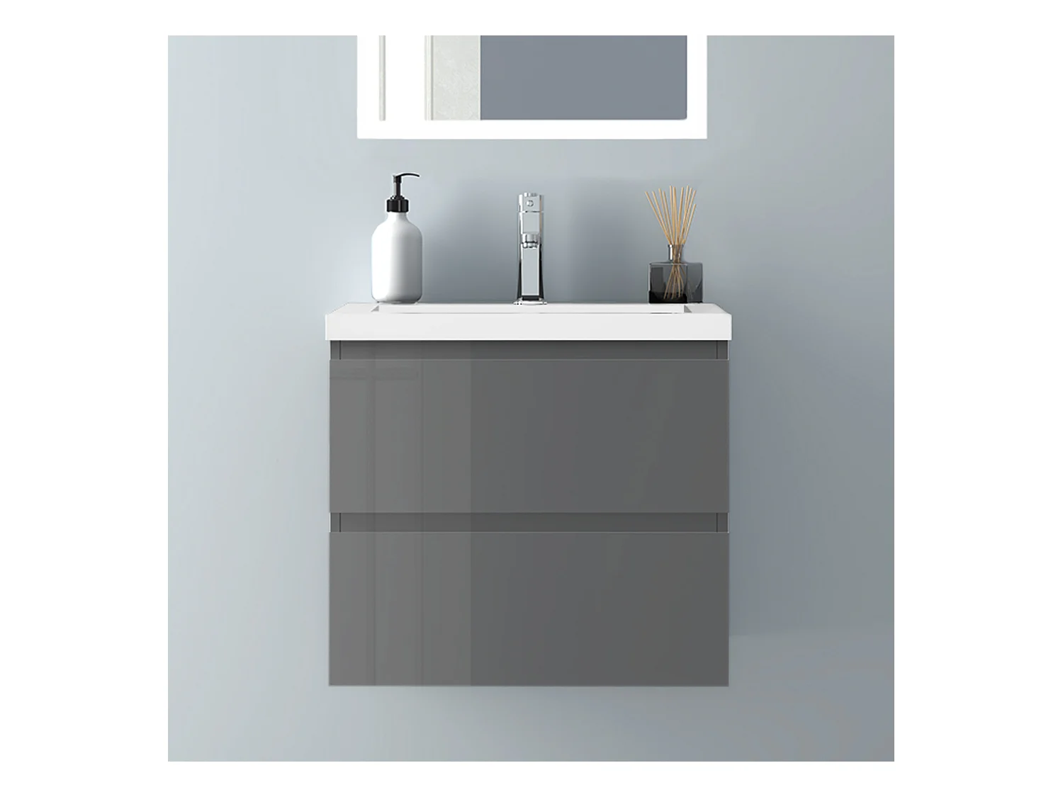 AICA Waschbeckenunterschrank hängend 60cm Mineralguss Waschtisch mit Unterschrank - Hochglanz Dunkelgrau - CINIC