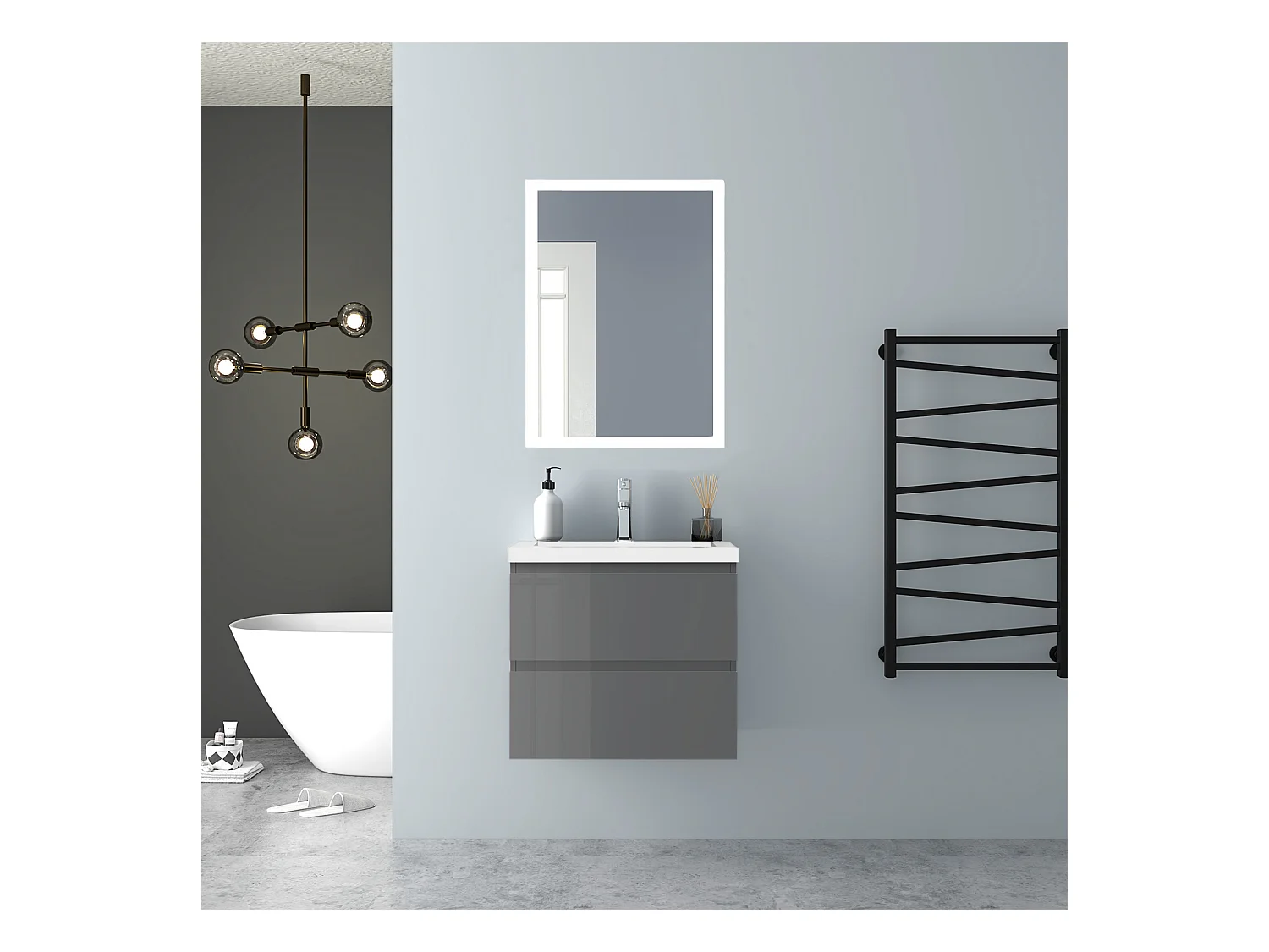 AICA Waschbeckenunterschrank hängend 60cm Mineralguss Waschtisch mit Unterschrank - Hochglanz Dunkelgrau - CINIC