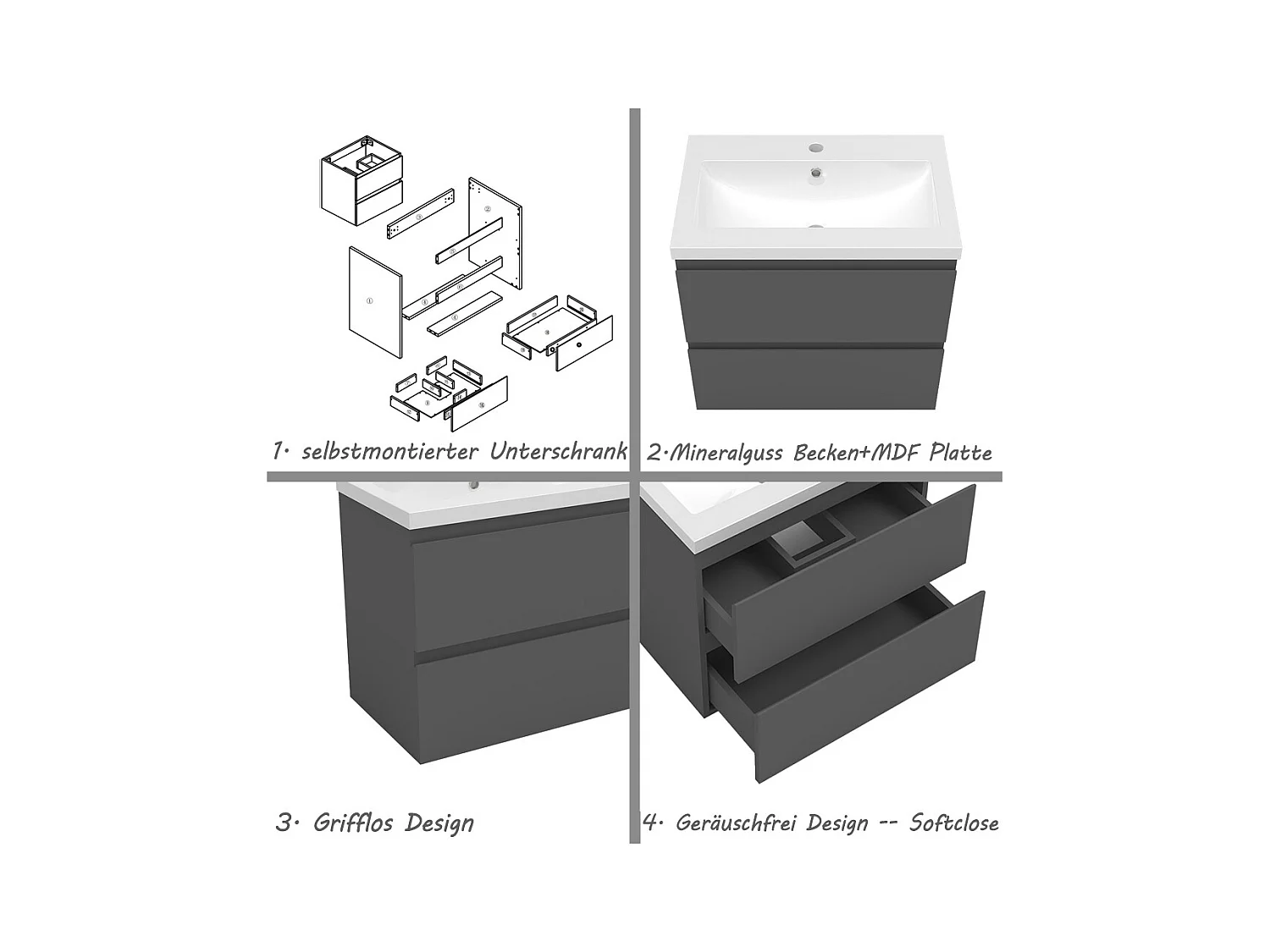 AICA Waschbeckenunterschrank hängend 60cm Mineralguss Waschtisch mit Unterschrank - Hochglanz Dunkelgrau - CINIC