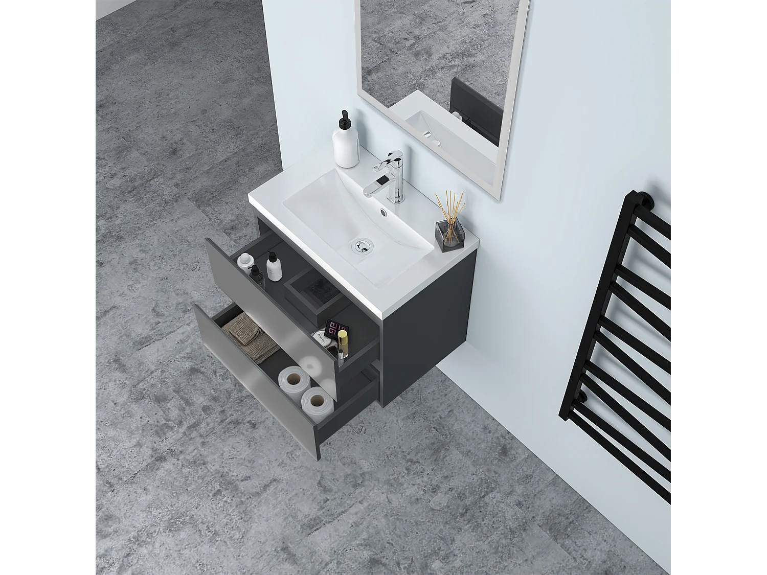 AICA Waschbeckenunterschrank hängend 60cm Mineralguss Waschtisch mit Unterschrank - Hochglanz Dunkelgrau - CINIC