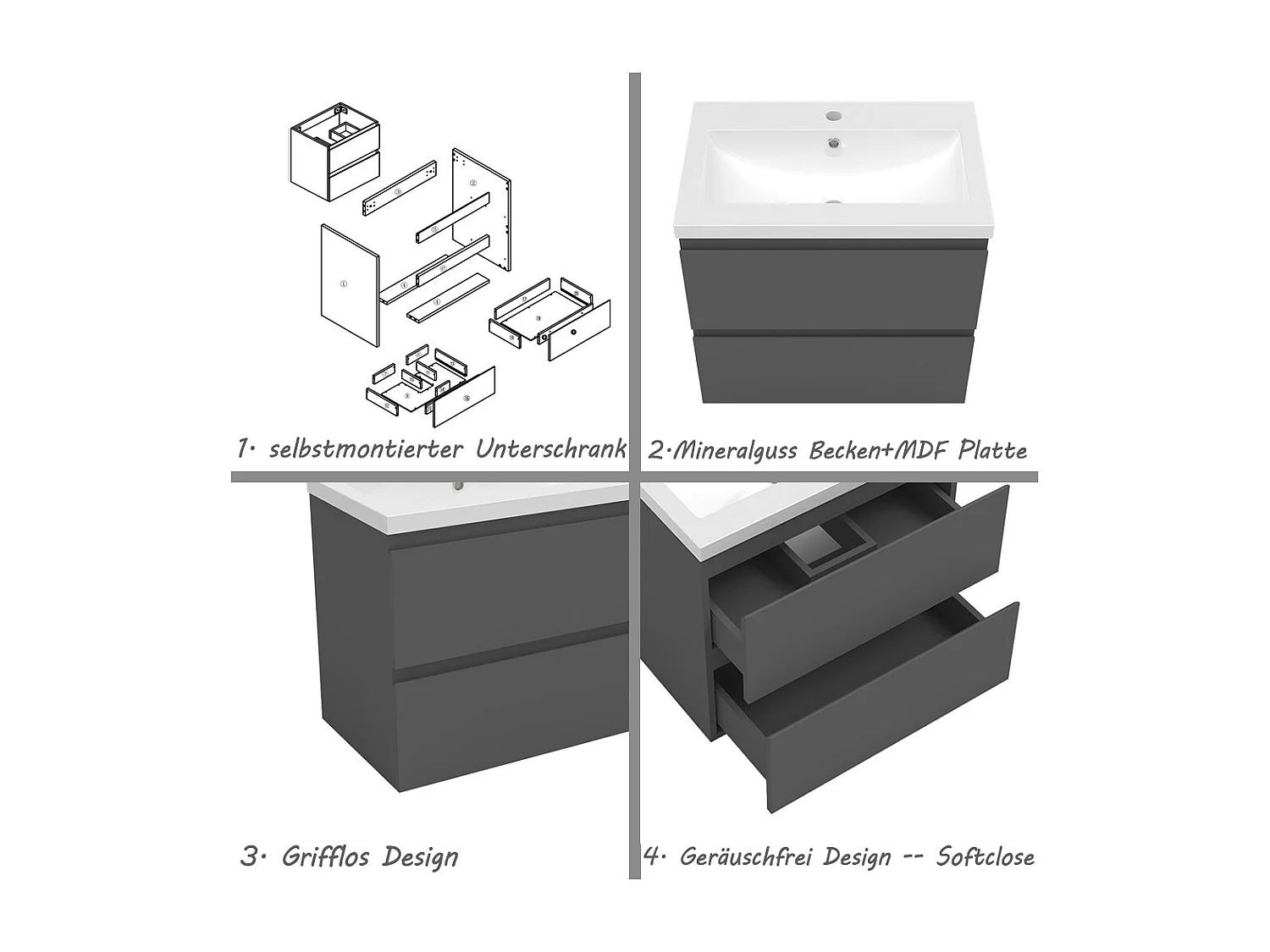 AICA Waschbeckenunterschrank hängend 60cm Mineralguss Waschtisch mit Unterschrank - Hochglanz Dunkelgrau - CINIC