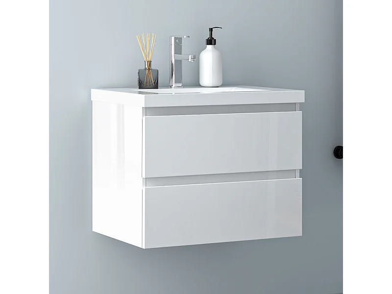 AICA Waschbeckenunterschrank 60cm Mineralguss Waschtisch mit Unterschrank - Hochglanz Weiß Hängeschrank - CINIC