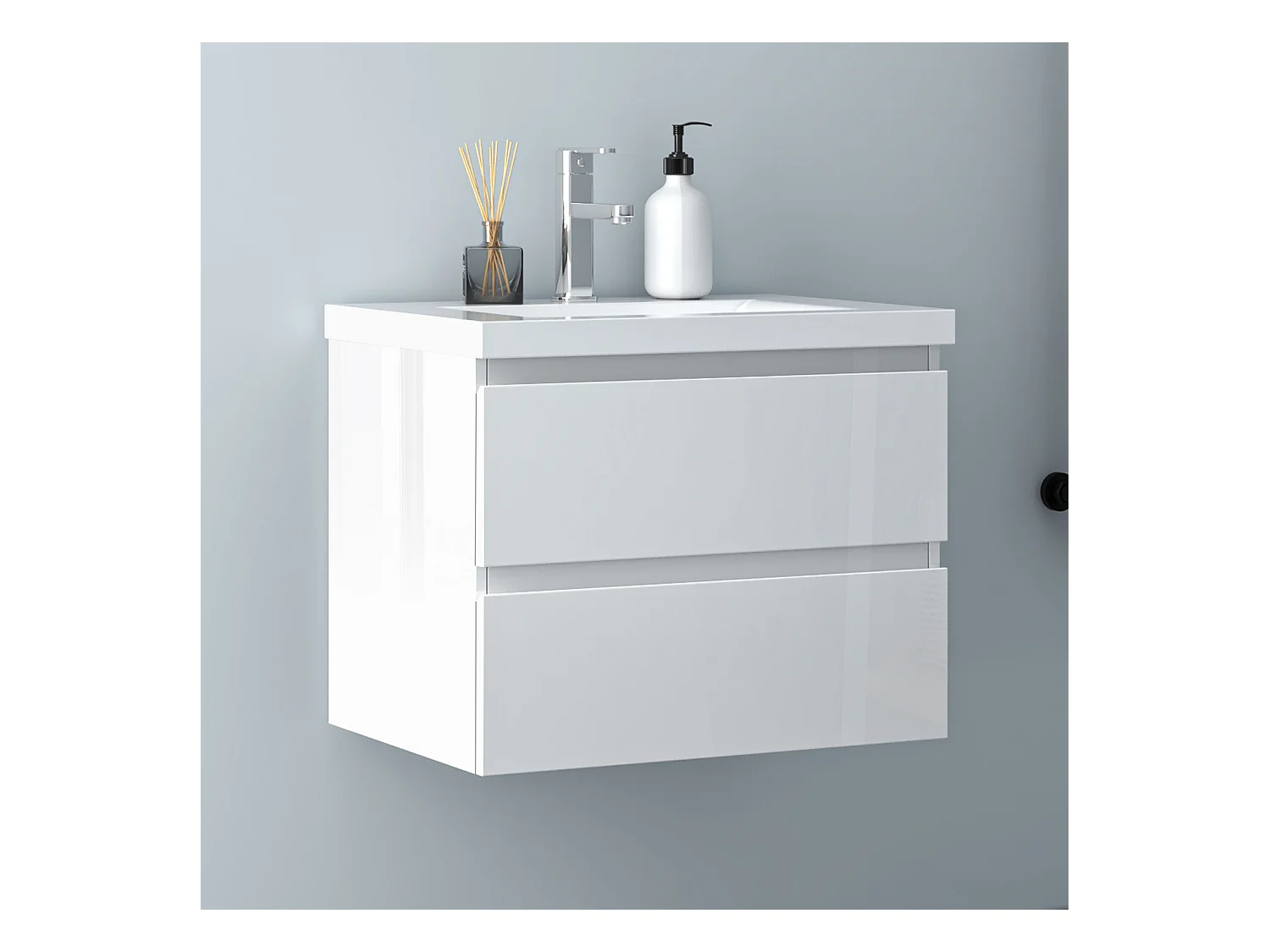 AICA Waschbeckenunterschrank 60cm Mineralguss Waschtisch mit Unterschrank - Hochglanz Weiß Hängeschrank - CINIC