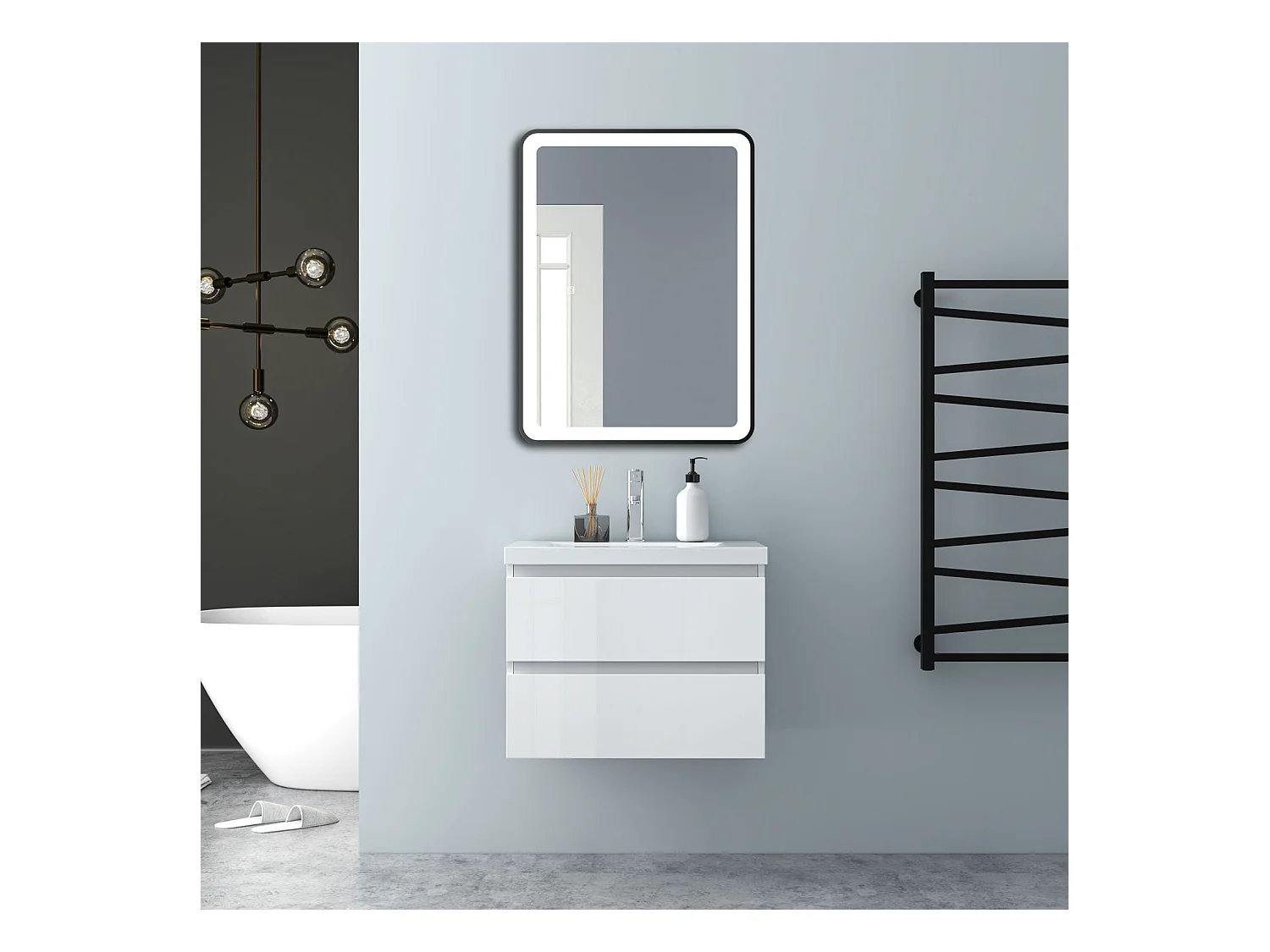 AICA Waschbeckenunterschrank 60cm Mineralguss Waschtisch mit Unterschrank - Hochglanz Weiß Hängeschrank - CINIC