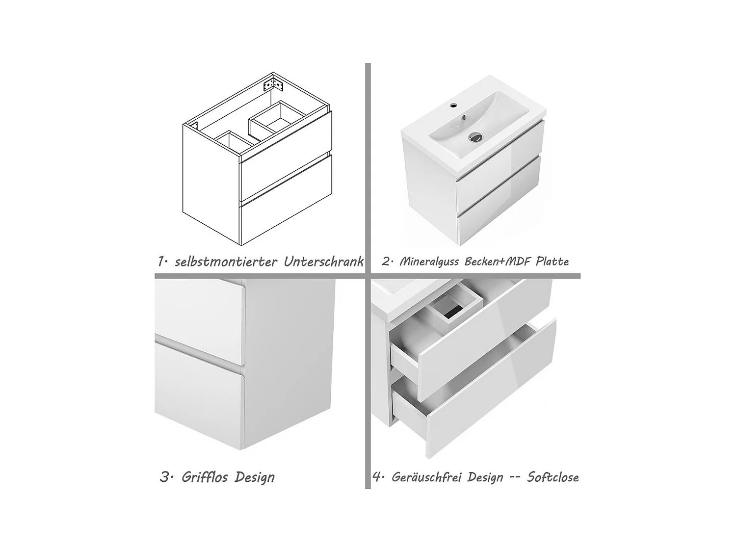 AICA Waschbeckenunterschrank 60cm Mineralguss Waschtisch mit Unterschrank - Hochglanz Weiß Hängeschrank - CINIC