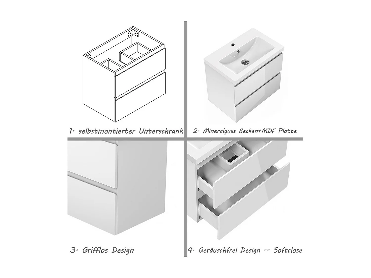 AICA Waschbeckenunterschrank 60cm Mineralguss Waschtisch mit Unterschrank - Hochglanz Weiß Hängeschrank - CINIC