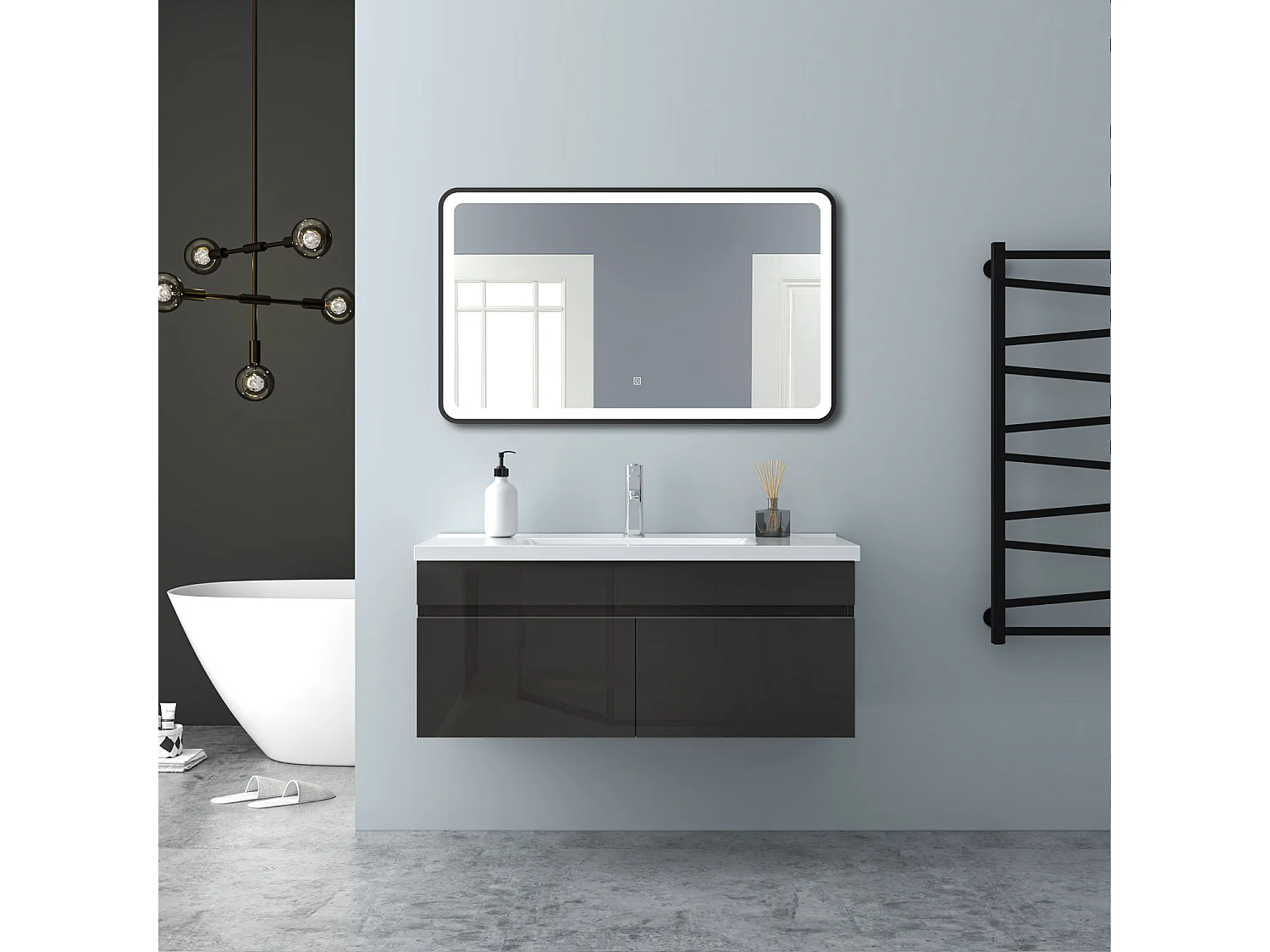 AICA Badezimmerschränke 100cm Keramik Waschtisch mit Unterschrank - Hochglanz Weiß Hängeschrank - MARO