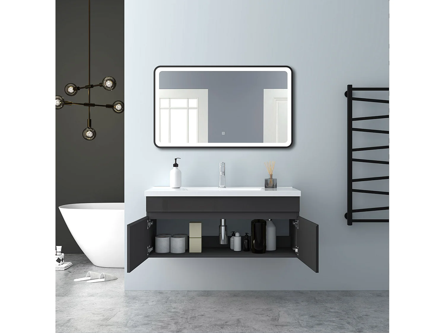 AICA Badezimmerschränke 100cm Keramik Waschtisch mit Unterschrank - Hochglanz Weiß Hängeschrank - MARO