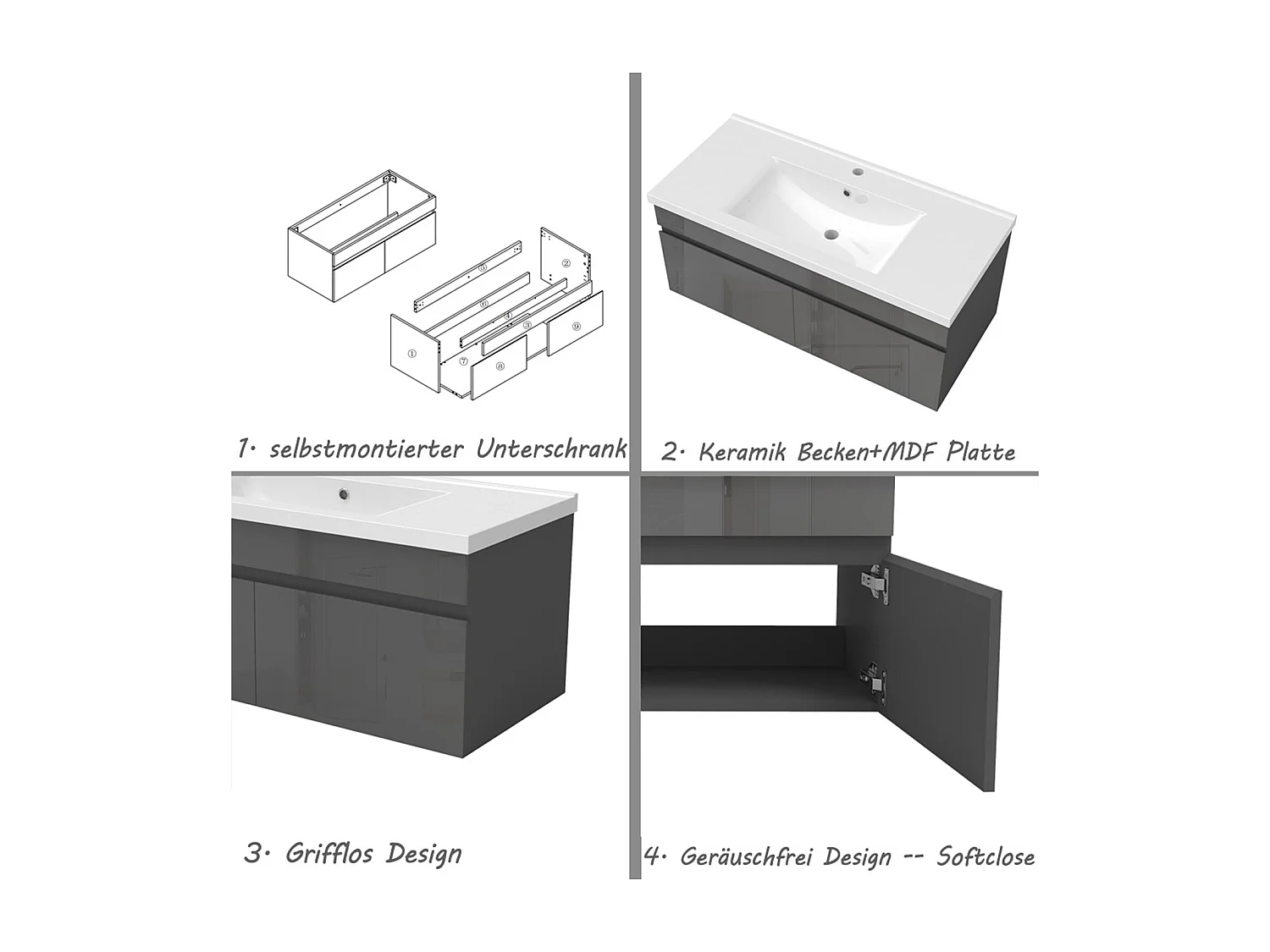 AICA Badezimmerschränke 100cm Keramik Waschtisch mit Unterschrank - Hochglanz Weiß Hängeschrank - MARO