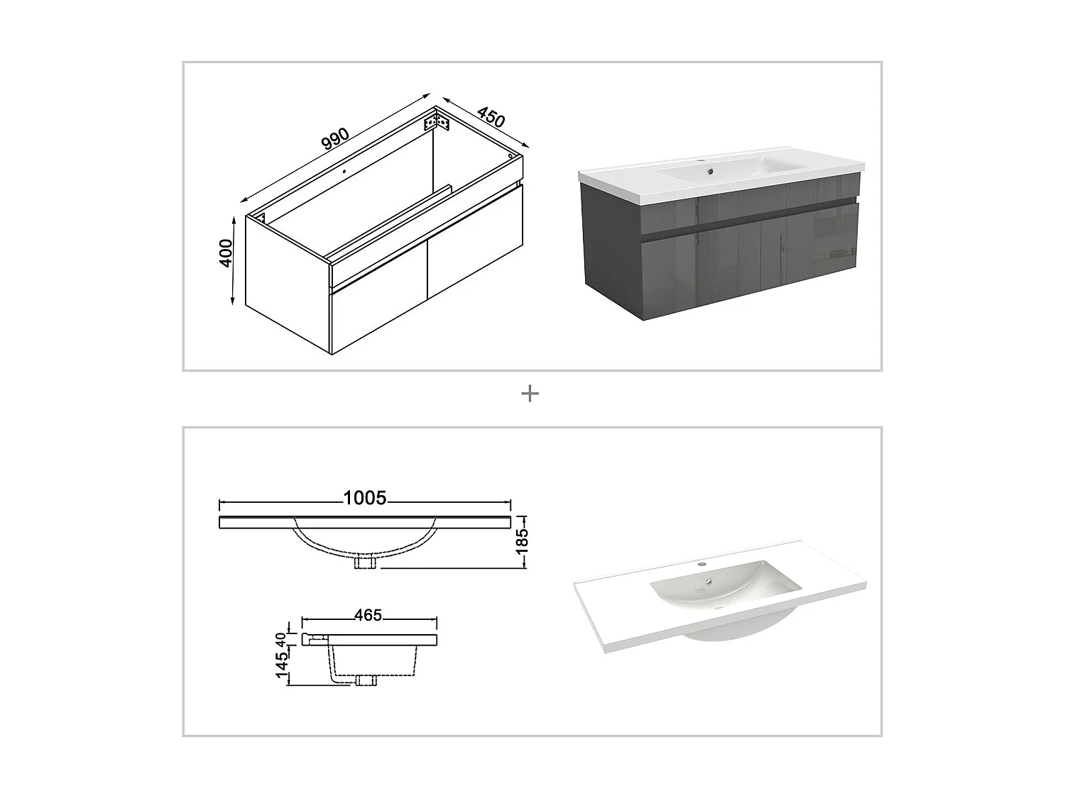 AICA Badezimmerschränke 100cm Keramik Waschtisch mit Unterschrank - Hochglanz Weiß Hängeschrank - MARO