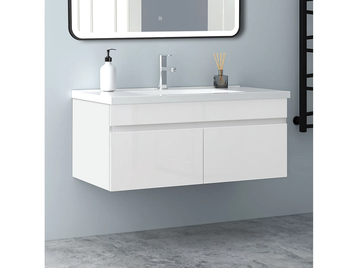AICA Badezimmerschränke 100cm Keramik Waschtisch mit Unterschrank - Hochglanz Weiß Hängeschrank - MARO