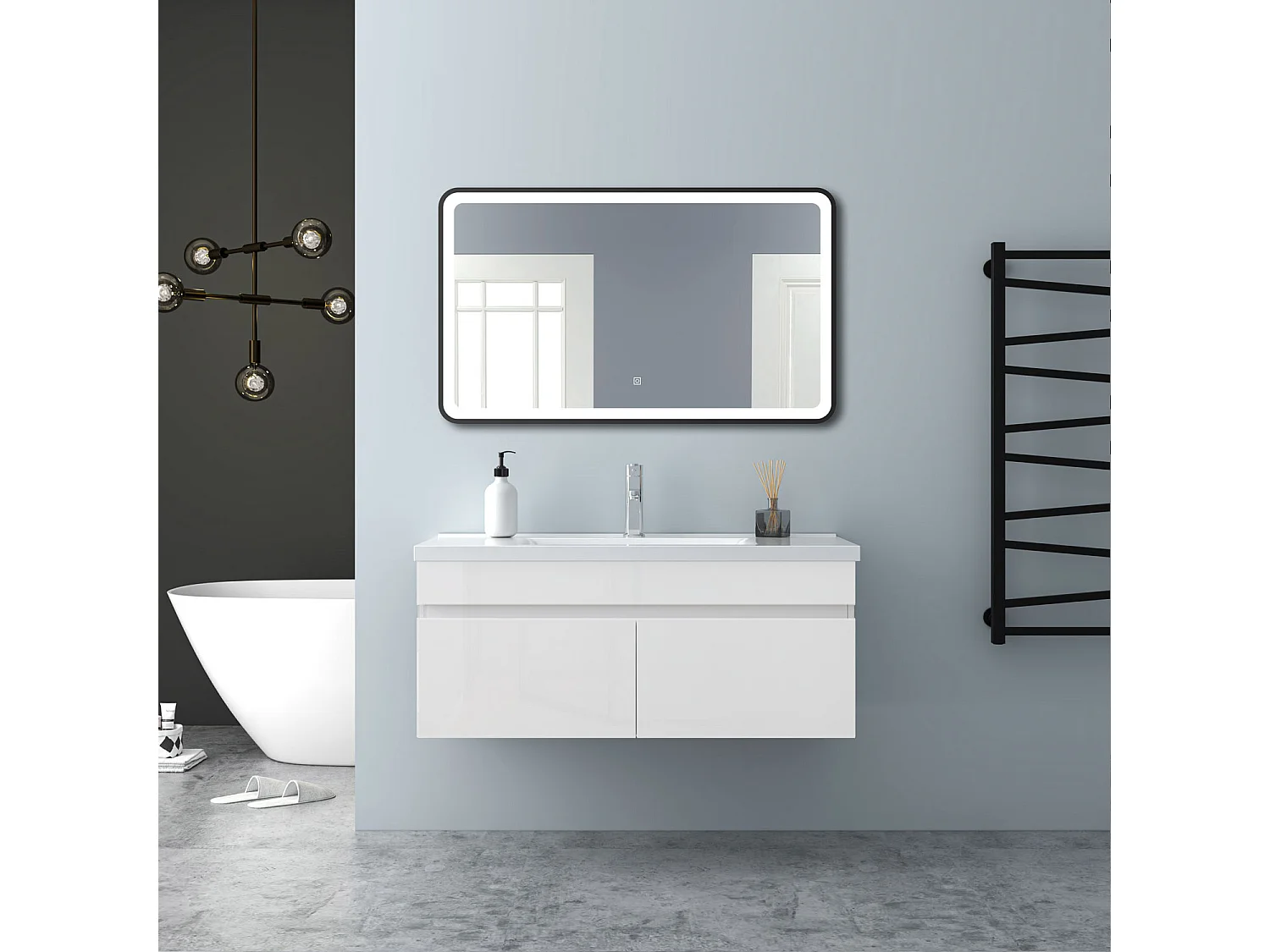 AICA Badezimmerschränke 100cm Keramik Waschtisch mit Unterschrank - Hochglanz Weiß Hängeschrank - MARO