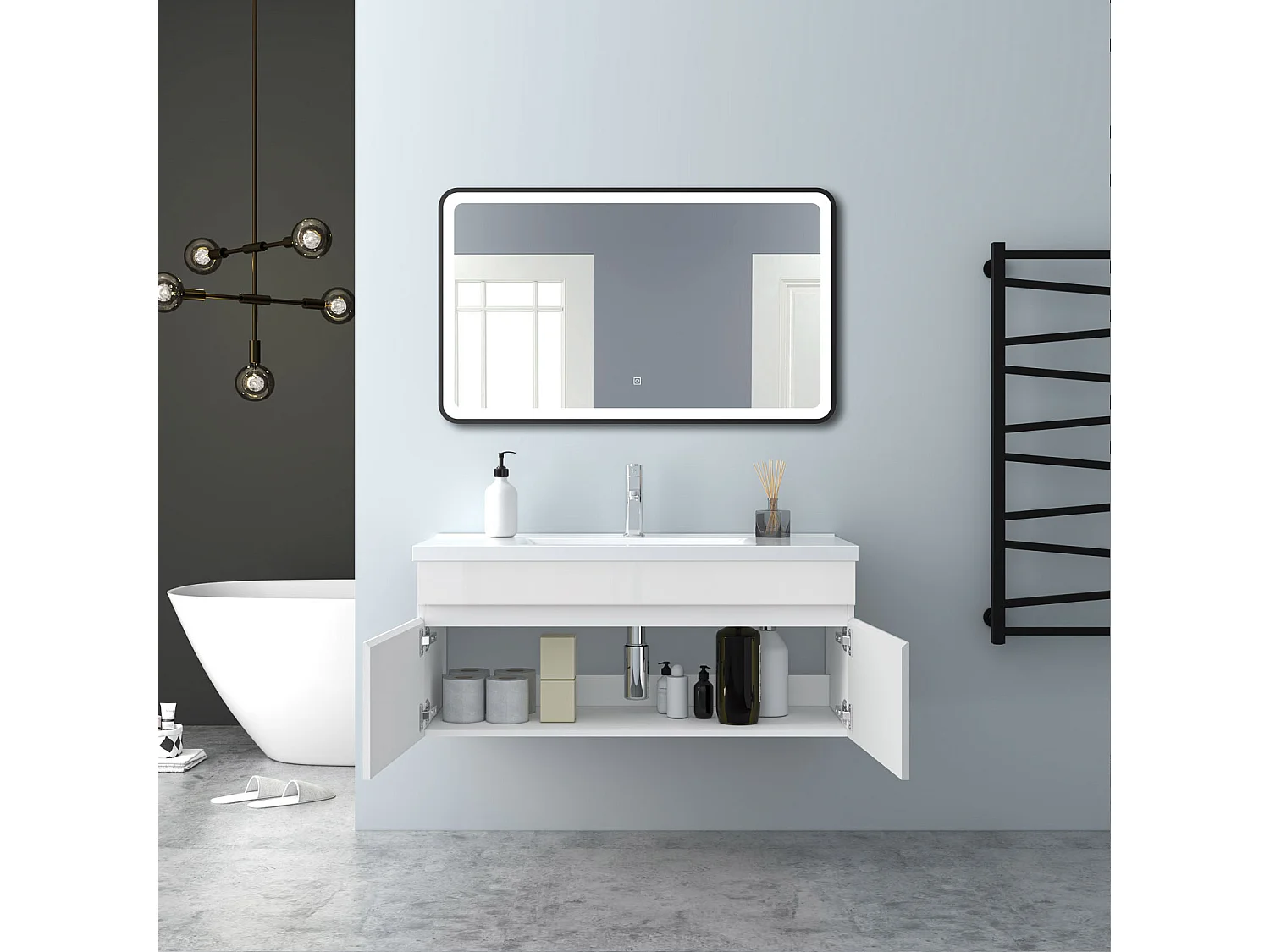 AICA Badezimmerschränke 100cm Keramik Waschtisch mit Unterschrank - Hochglanz Weiß Hängeschrank - MARO