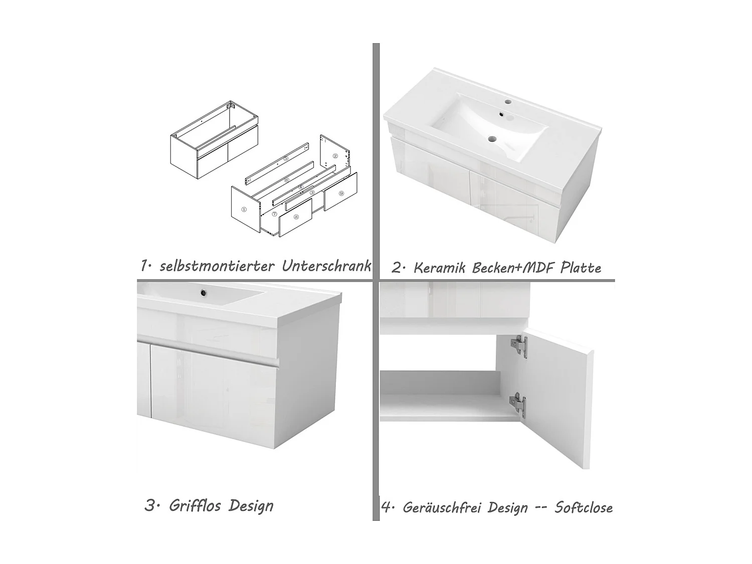 AICA Badezimmerschränke 100cm Keramik Waschtisch mit Unterschrank - Hochglanz Weiß Hängeschrank - MARO