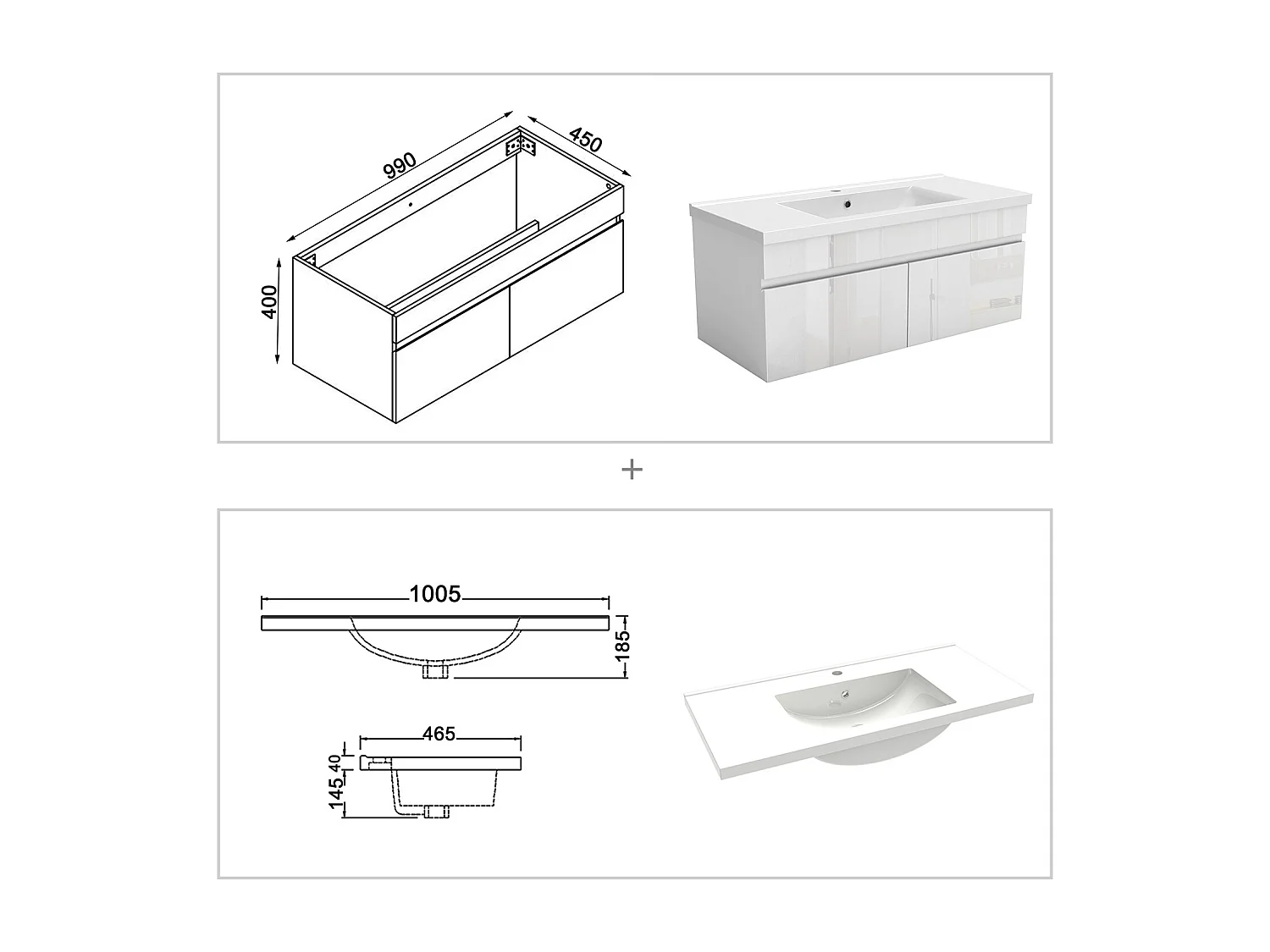AICA Badezimmerschränke 100cm Keramik Waschtisch mit Unterschrank - Hochglanz Weiß Hängeschrank - MARO