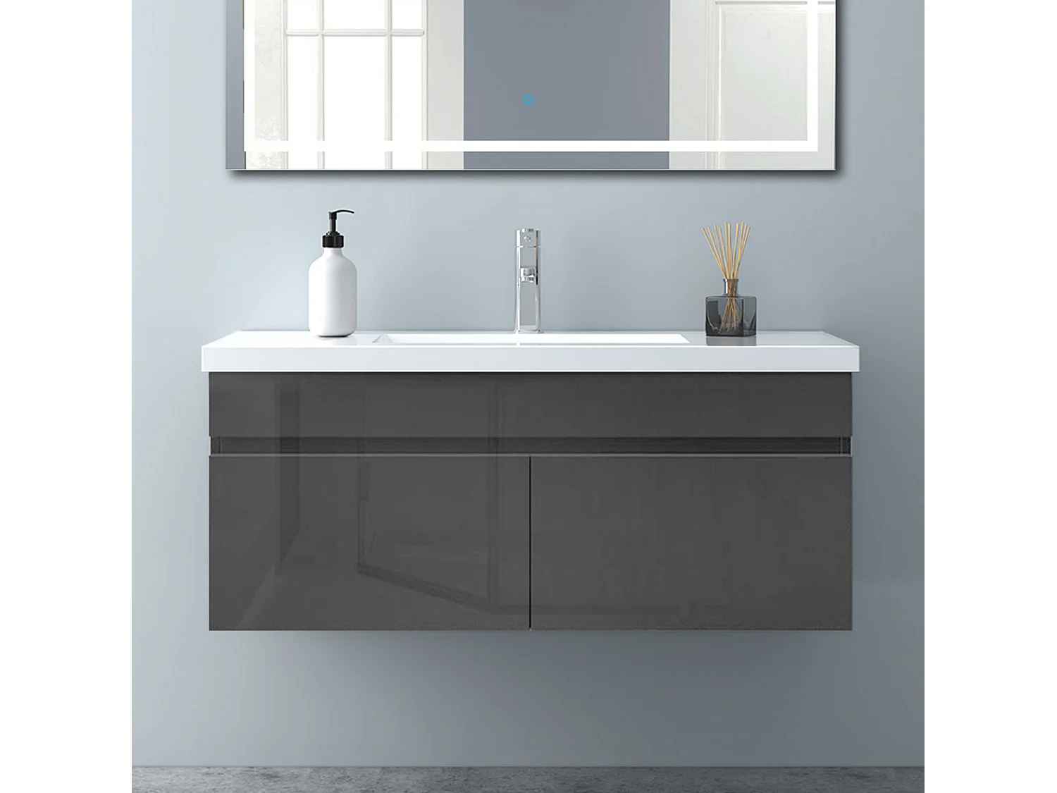 AICA Badezimmerschränke 100cm Mineralguss Waschtisch mit Unterschrank - Hochglanz Dunkelgrau Hängeschrank - MARO