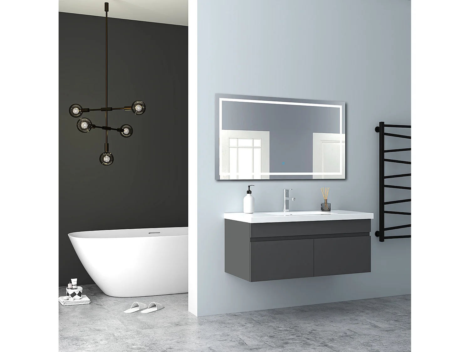 AICA Badezimmerschränke 100cm Mineralguss Waschtisch mit Unterschrank - Hochglanz Dunkelgrau Hängeschrank - MARO