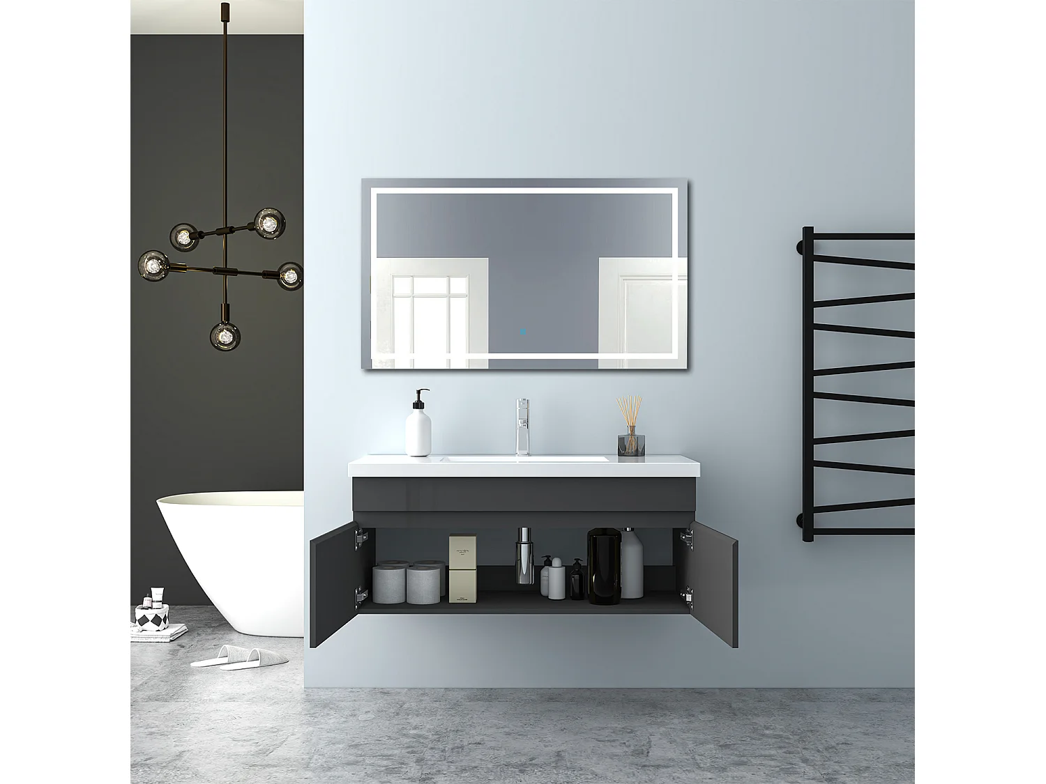 AICA Badezimmerschränke 100cm Mineralguss Waschtisch mit Unterschrank - Hochglanz Dunkelgrau Hängeschrank - MARO