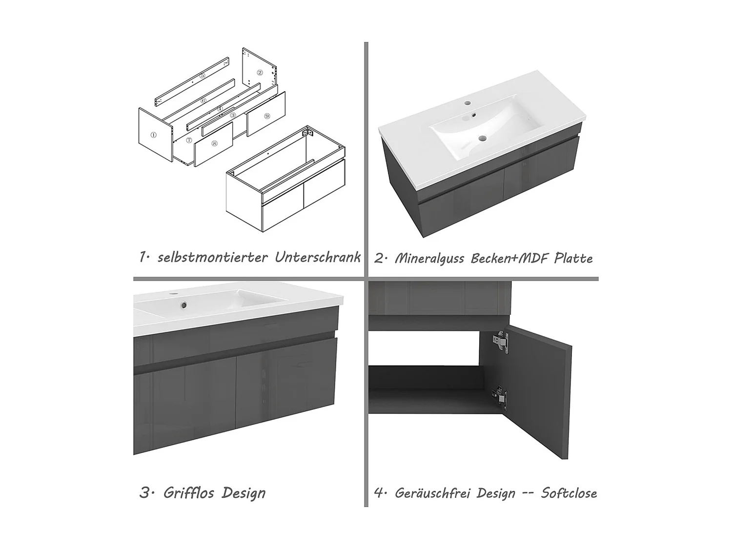 AICA Badezimmerschränke 100cm Mineralguss Waschtisch mit Unterschrank - Hochglanz Dunkelgrau Hängeschrank - MARO
