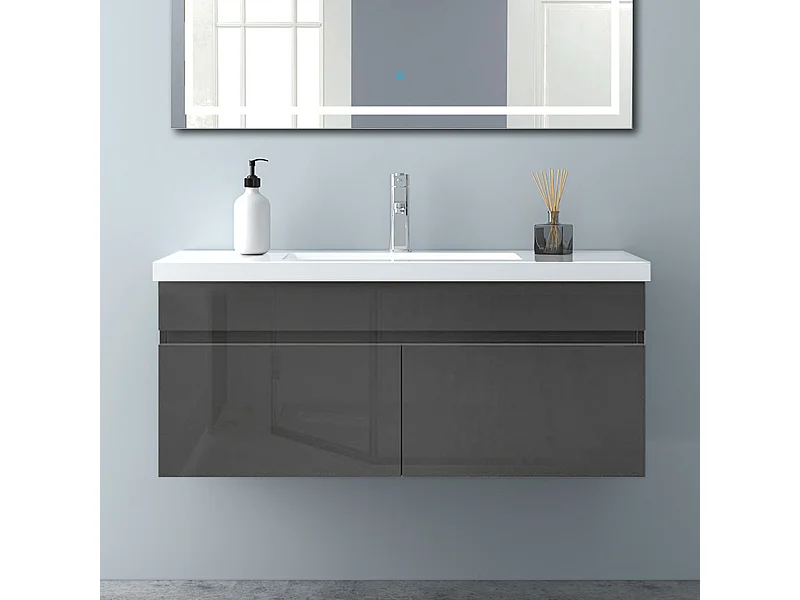 AICA Badezimmerschränke 100cm Mineralguss Waschtisch mit Unterschrank - Hochglanz Dunkelgrau Hängeschrank - MARO