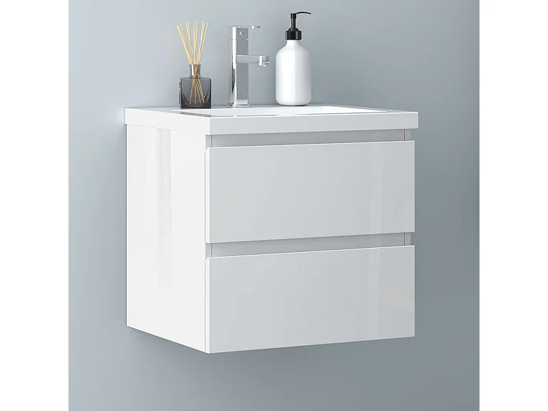 AICA Waschbeckenunterschrank 50cm Mineralguss Waschtisch mit Unterschrank - Hochglanz Weiß Hängeschrank - CINIC