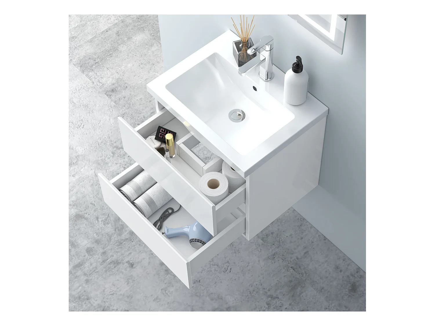 AICA Waschbeckenunterschrank 50cm Mineralguss Waschtisch mit Unterschrank - Hochglanz Weiß Hängeschrank - CINIC