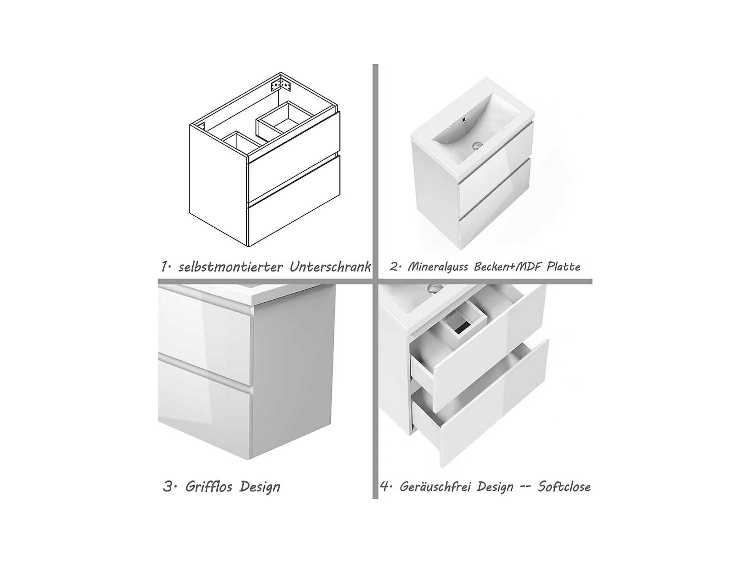 AICA Waschbeckenunterschrank 50cm Mineralguss Waschtisch mit Unterschrank - Hochglanz Weiß Hängeschrank - CINIC