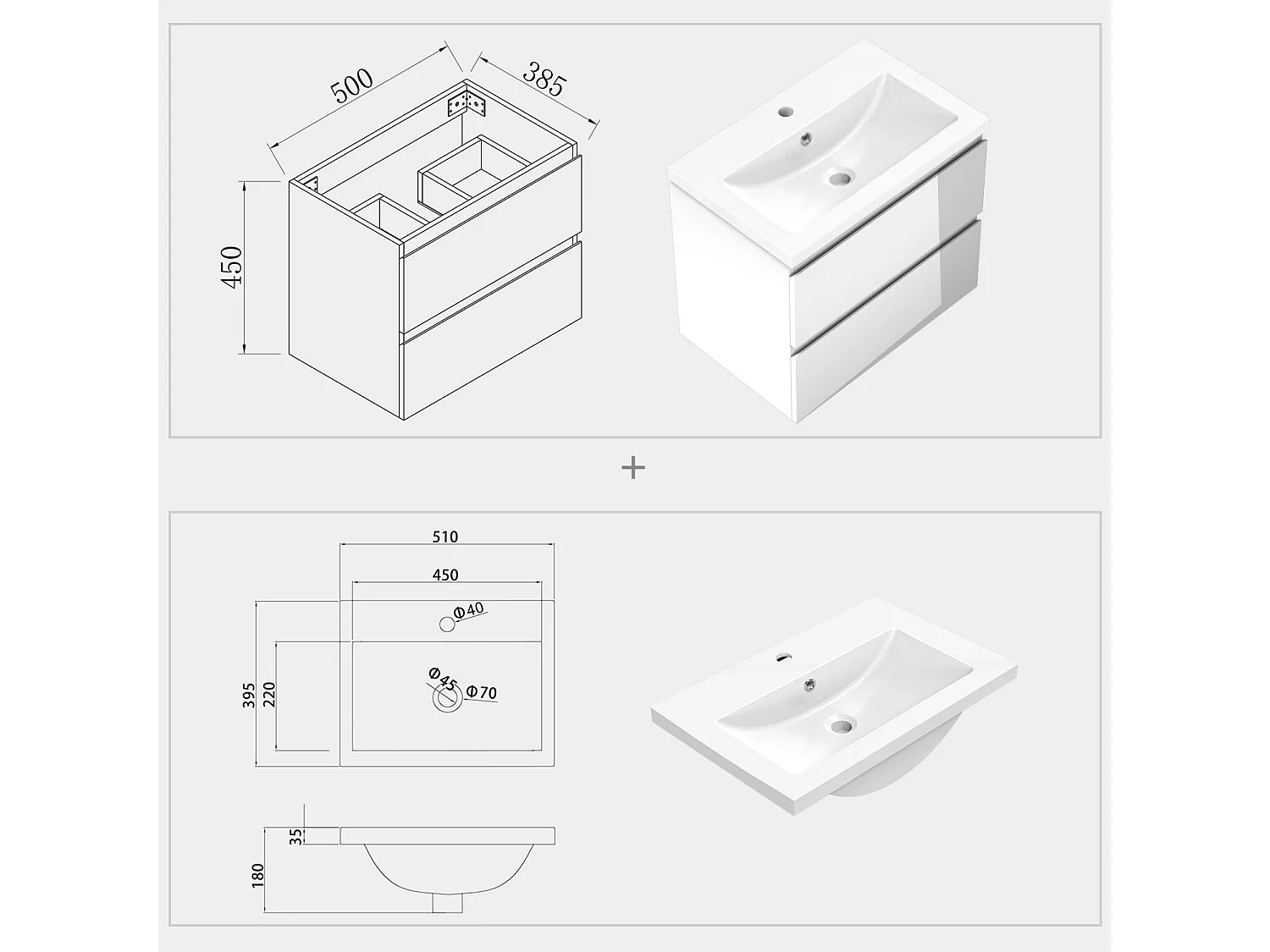 AICA Waschbeckenunterschrank 50cm Mineralguss Waschtisch mit Unterschrank - Hochglanz Weiß Hängeschrank - CINIC