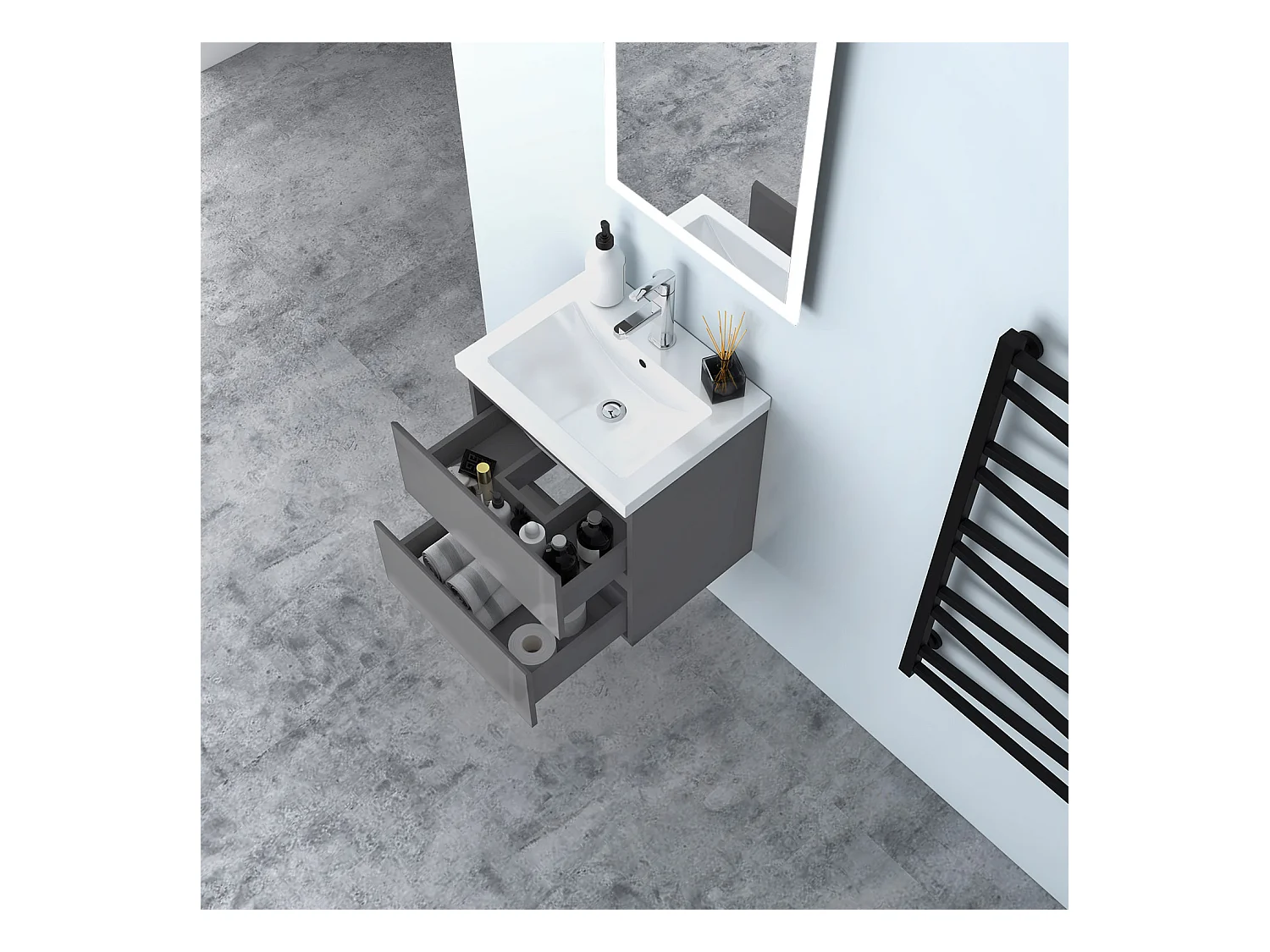 AICA Waschbeckenunterschrank hängend 50cm Keramik Waschtisch mit Unterschrank - Hochglanz Dunkelgrau - CINIC