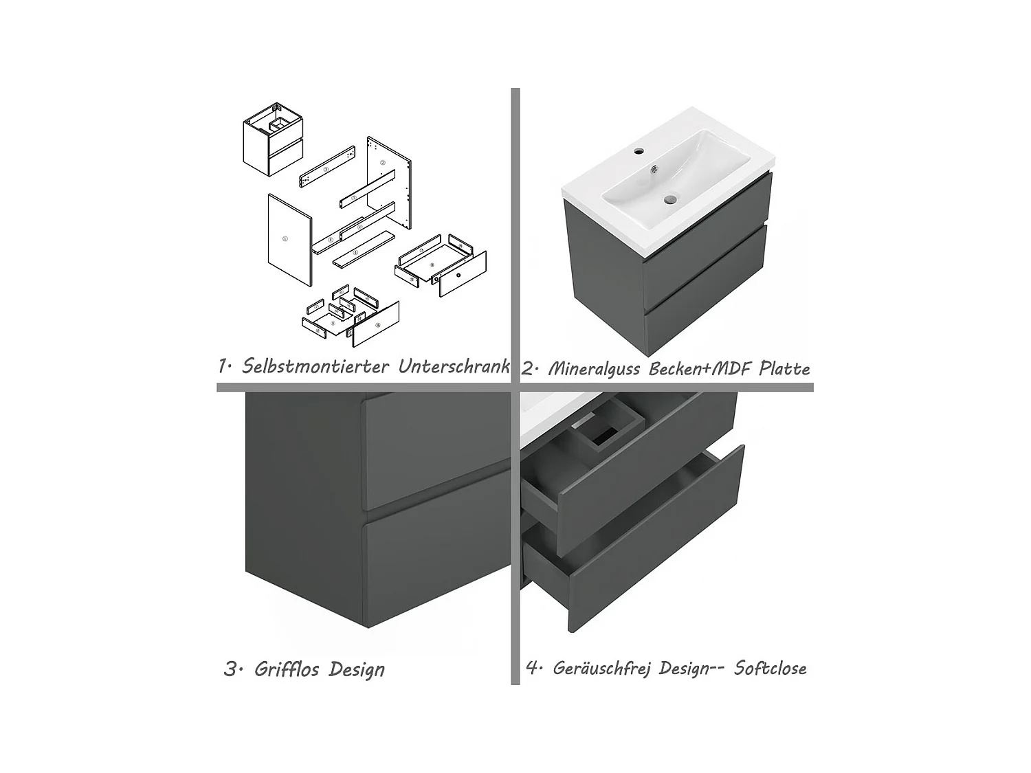 AICA Waschbeckenunterschrank hängend 50cm Keramik Waschtisch mit Unterschrank - Hochglanz Dunkelgrau - CINIC