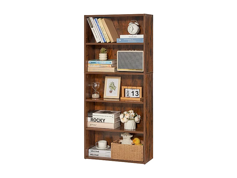 Bibliothèque SucceBuy Ouverte Étroite en Bois à 5 Niveaux de 135CM avec Étagère Réglable en Brun